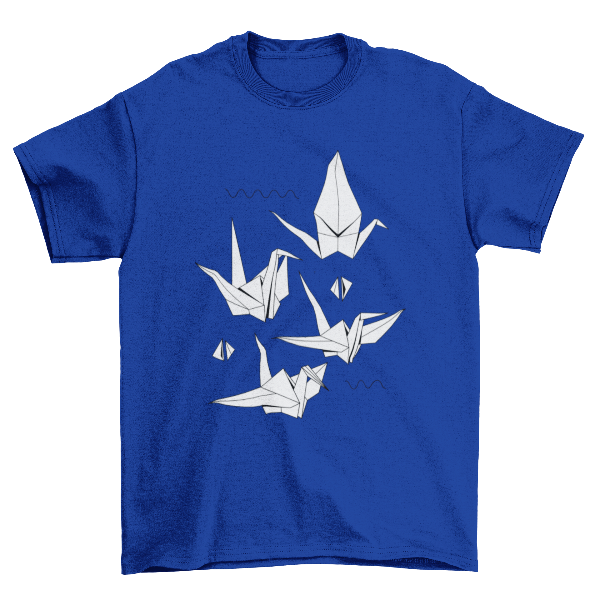 A stylish t-shirt featuring a vibrant origami birds design with paper cranes.