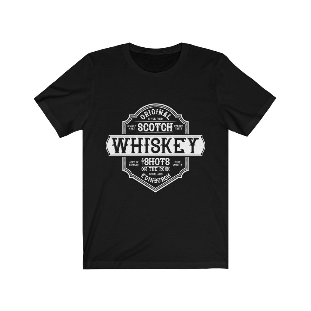 A stylish unisex t-shirt featuring Original Scotch Whiskey Shots design, made from 100% soft cotton with high-quality vinyl print.