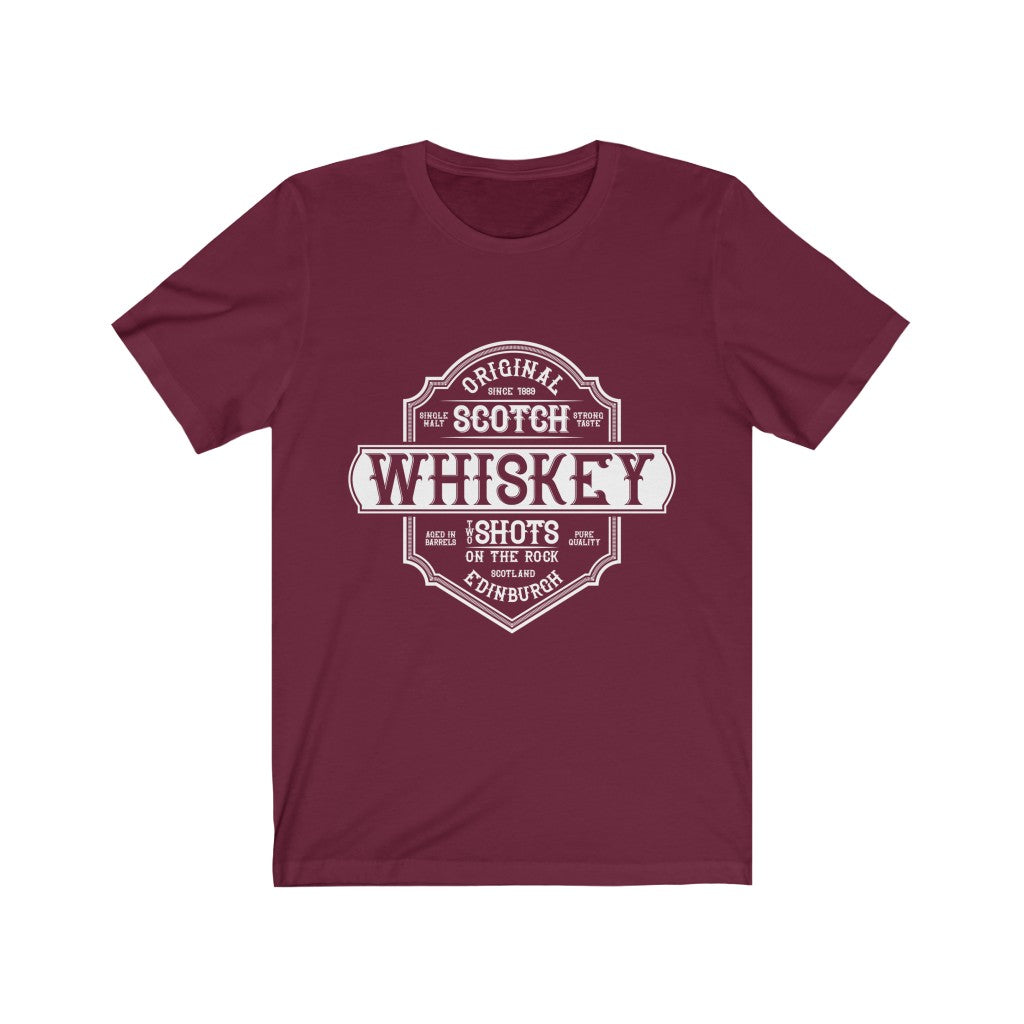 A stylish unisex t-shirt featuring Original Scotch Whiskey Shots design, made from 100% soft cotton with high-quality vinyl print.