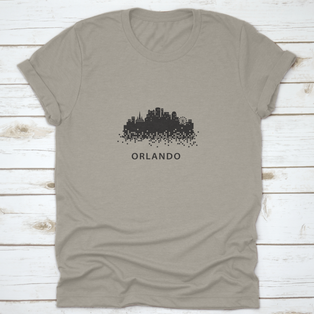 Orlando skyline silhouette vector art in a square box style, showcasing iconic buildings and structures.