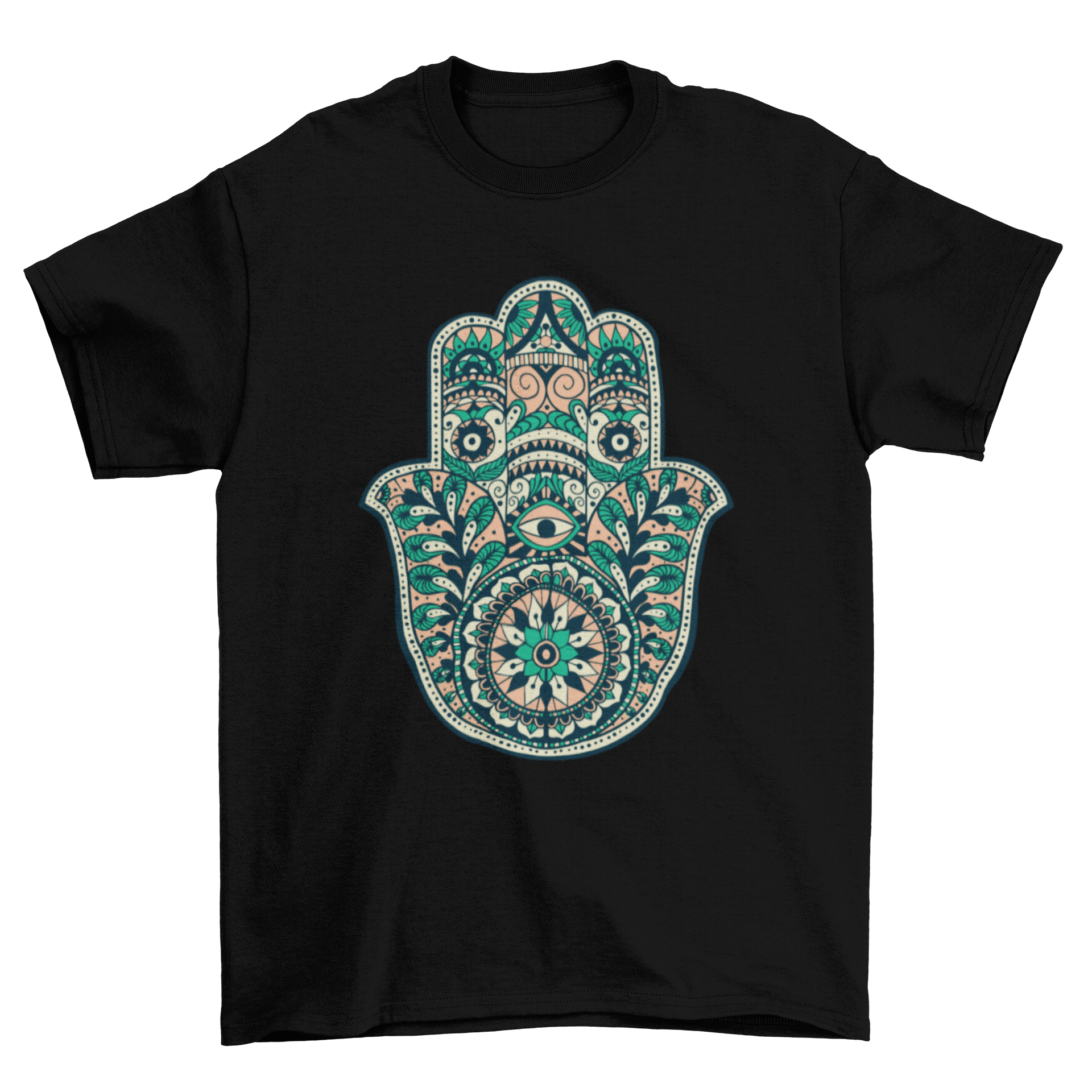 A stylish t-shirt featuring an intricate ornamental hamsa hand design, showcasing vibrant colors and detailed artwork.