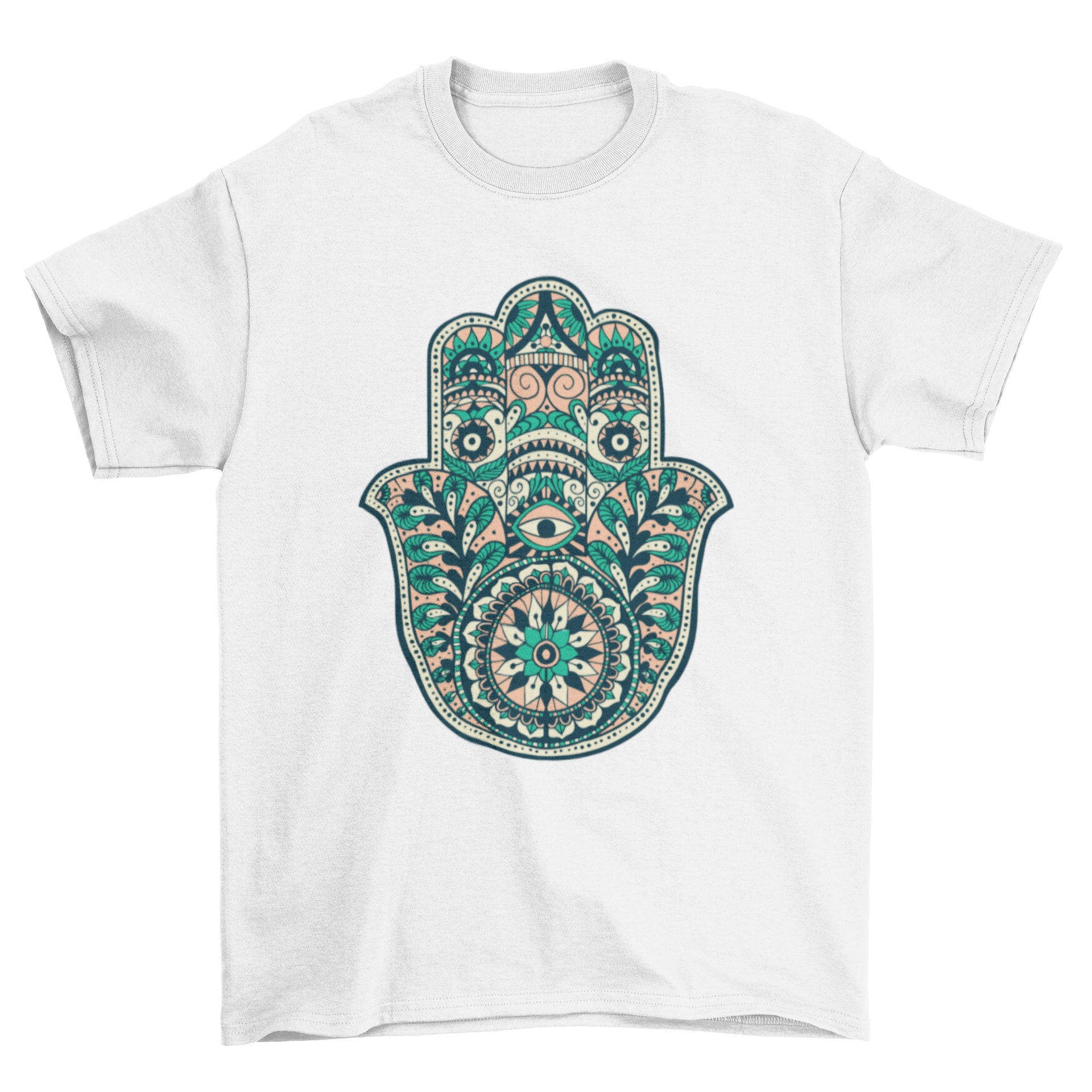 A stylish t-shirt featuring an intricate ornamental hamsa hand design, showcasing vibrant colors and detailed artwork.