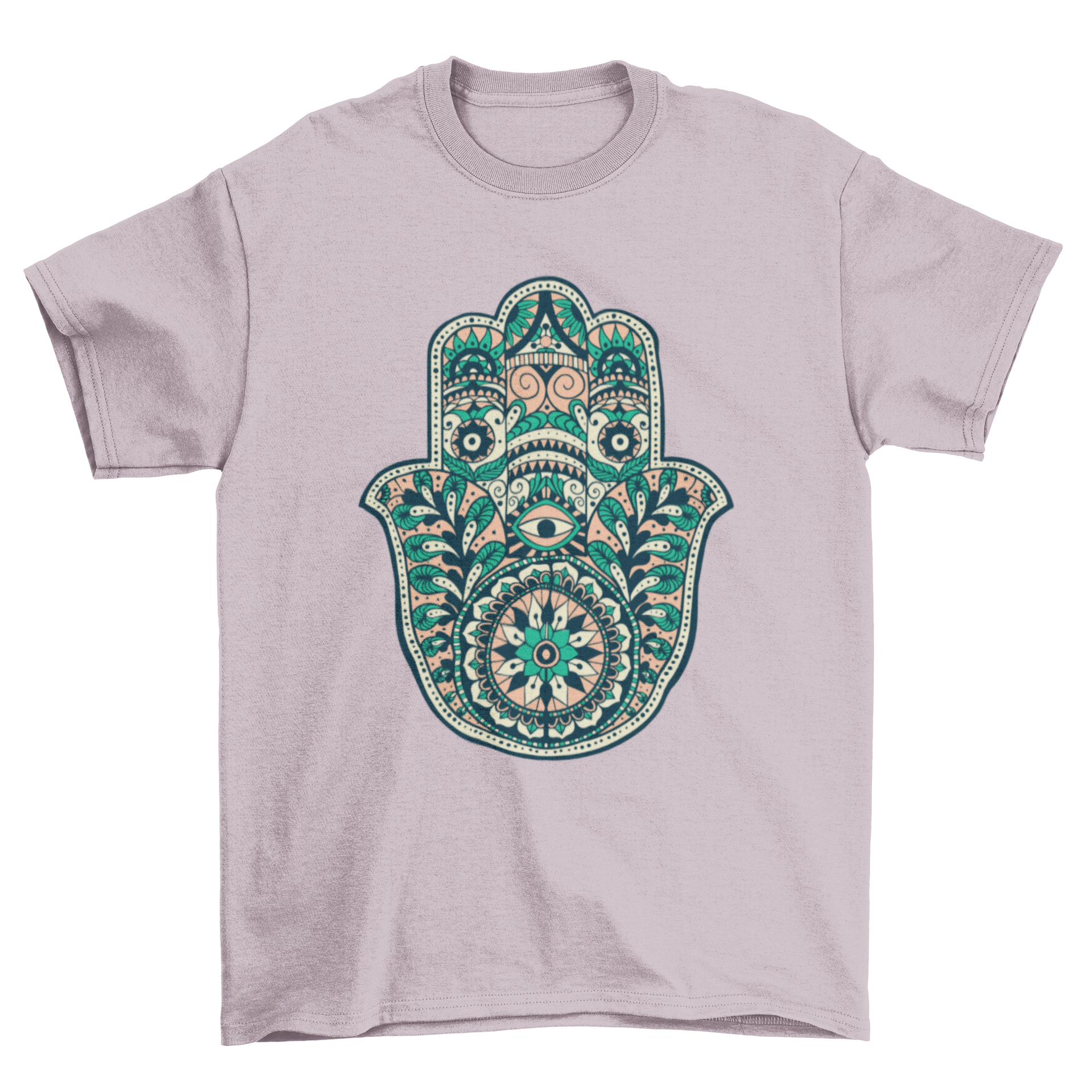 A stylish t-shirt featuring an intricate ornamental hamsa hand design, showcasing vibrant colors and detailed artwork.