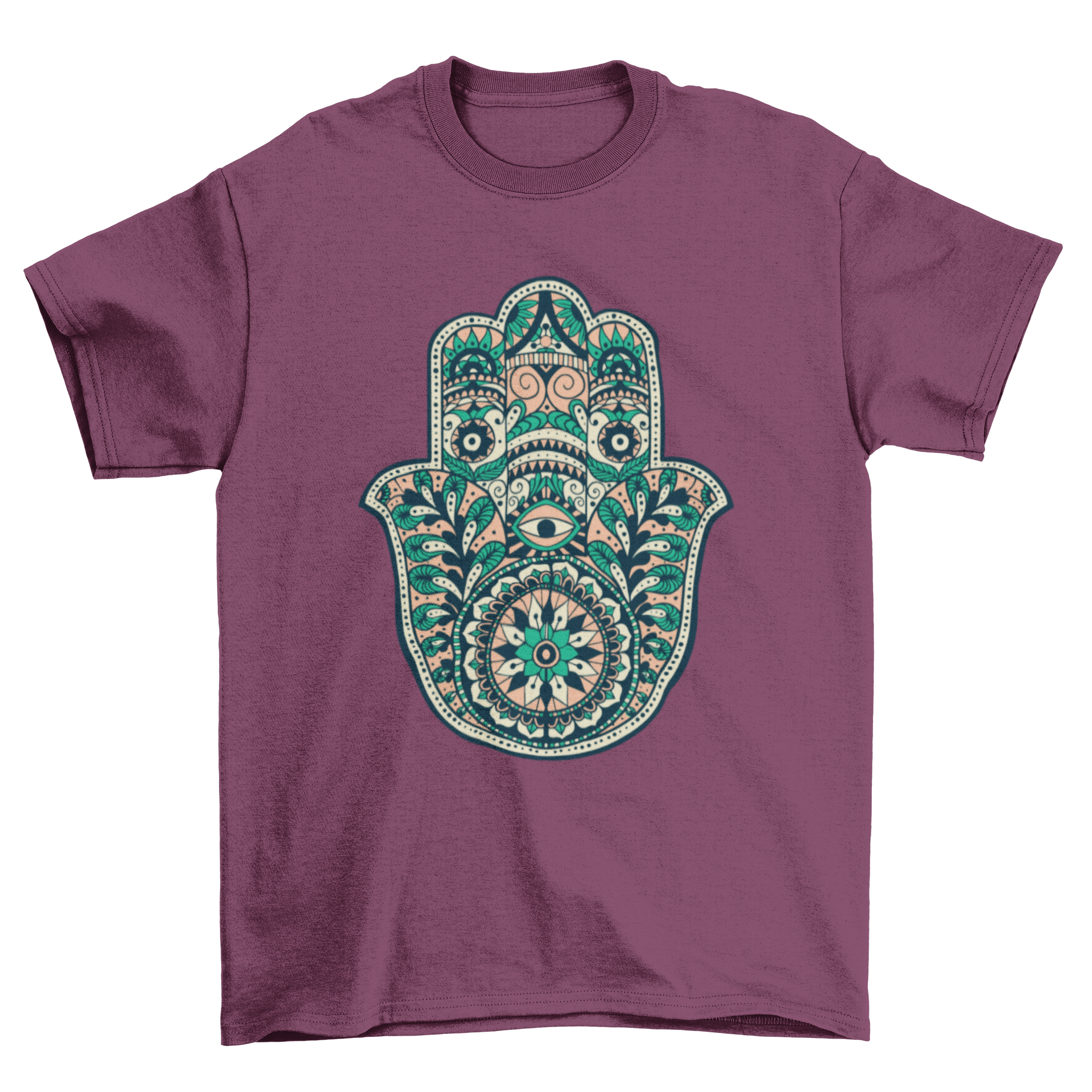 A stylish t-shirt featuring an intricate ornamental hamsa hand design, showcasing vibrant colors and detailed artwork.