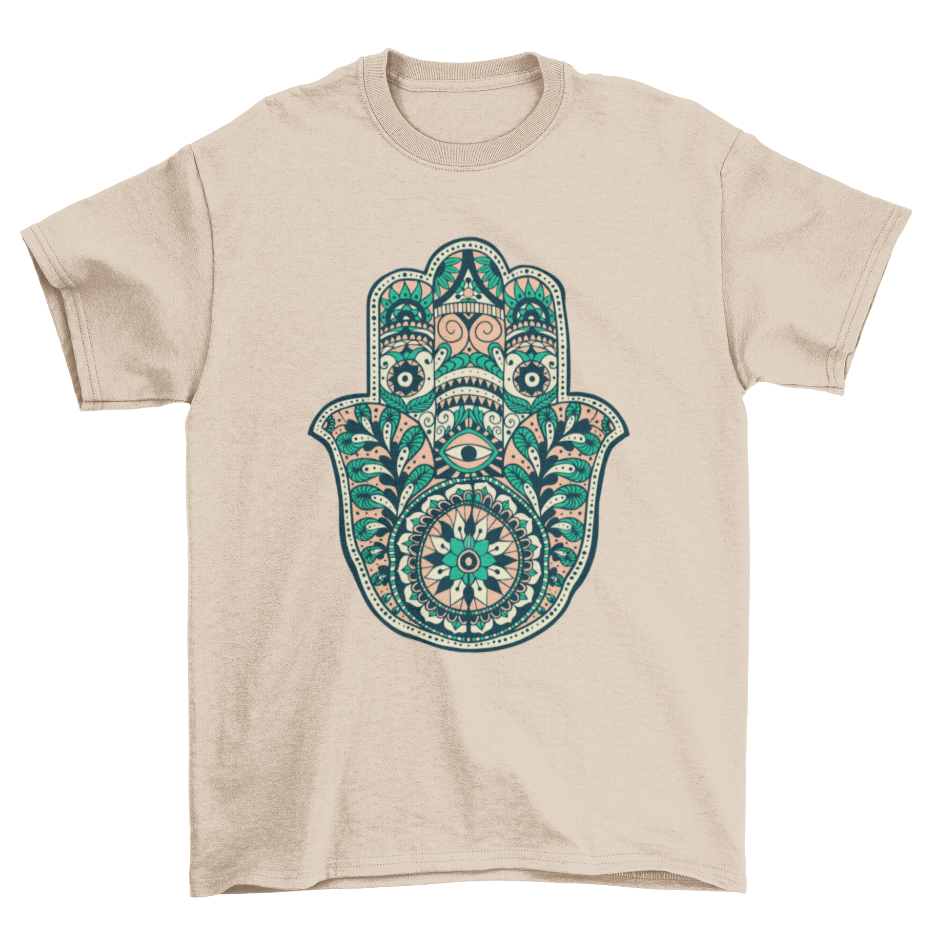 A stylish t-shirt featuring an intricate ornamental hamsa hand design, showcasing vibrant colors and detailed artwork.