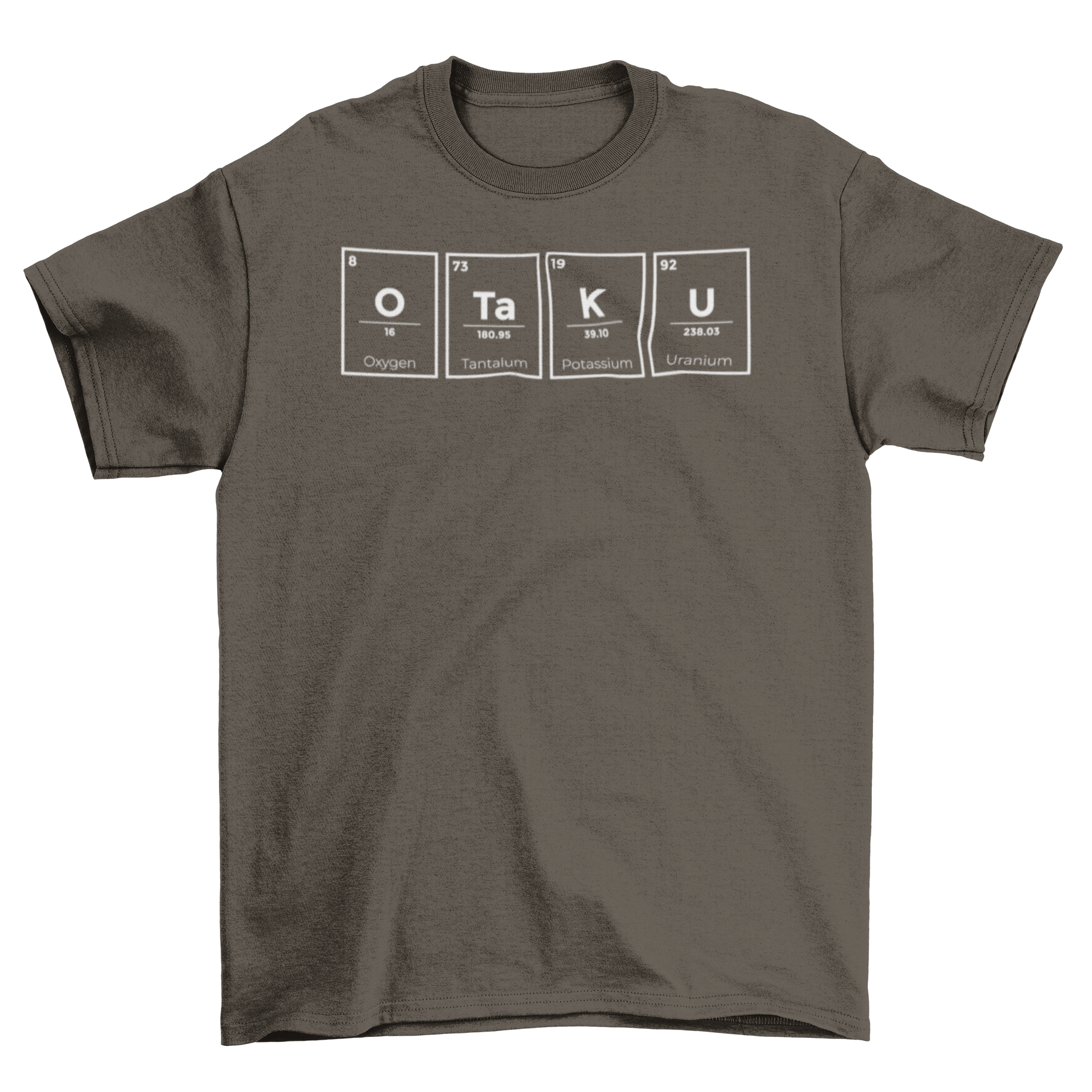 Otaku T-shirt featuring 'Otaku' lettering made from element symbols O, Ta, K, U on a stylish design.