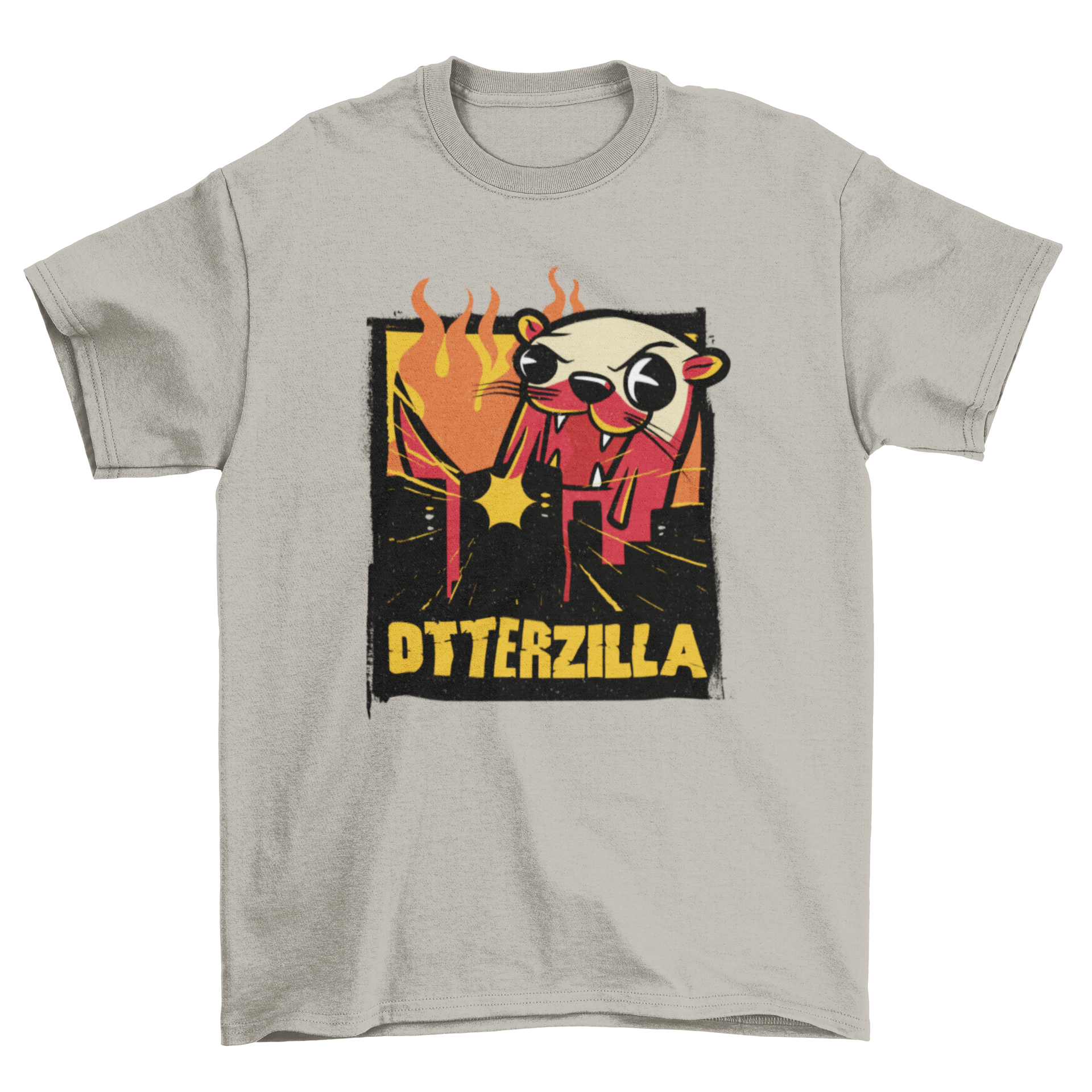 Otterzilla t-shirt featuring a playful design of an otter destroying a city, perfect for movie parody fans.