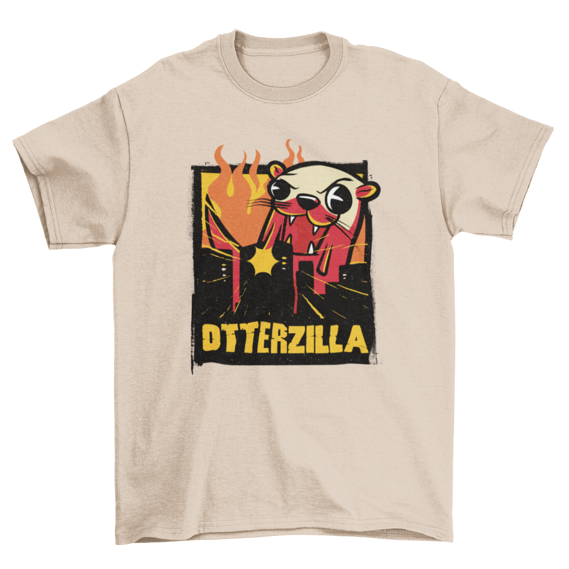 Otterzilla t-shirt featuring a playful design of an otter destroying a city, perfect for movie parody fans.