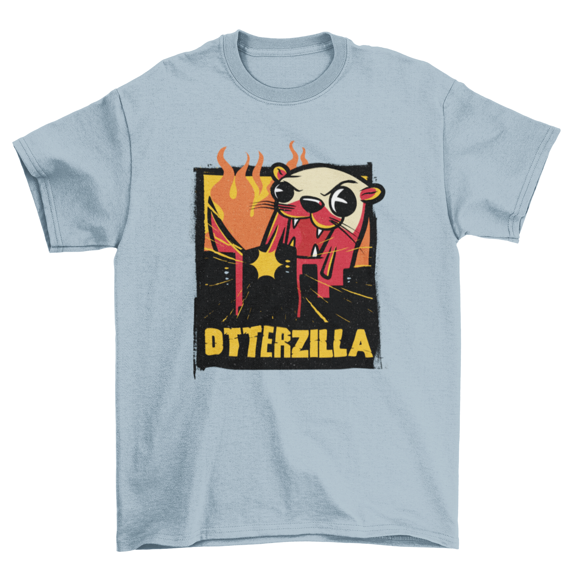 Otterzilla t-shirt featuring a playful design of an otter destroying a city, perfect for movie parody fans.