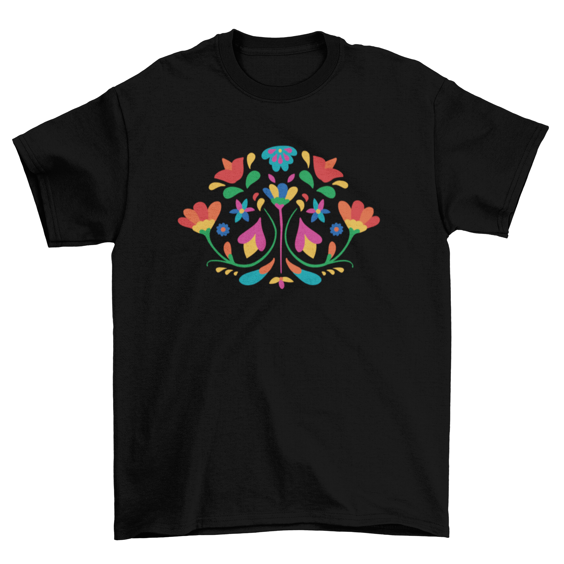 A vibrant Otomi flower decoration t-shirt featuring intricate floral designs inspired by traditional Mexican art.