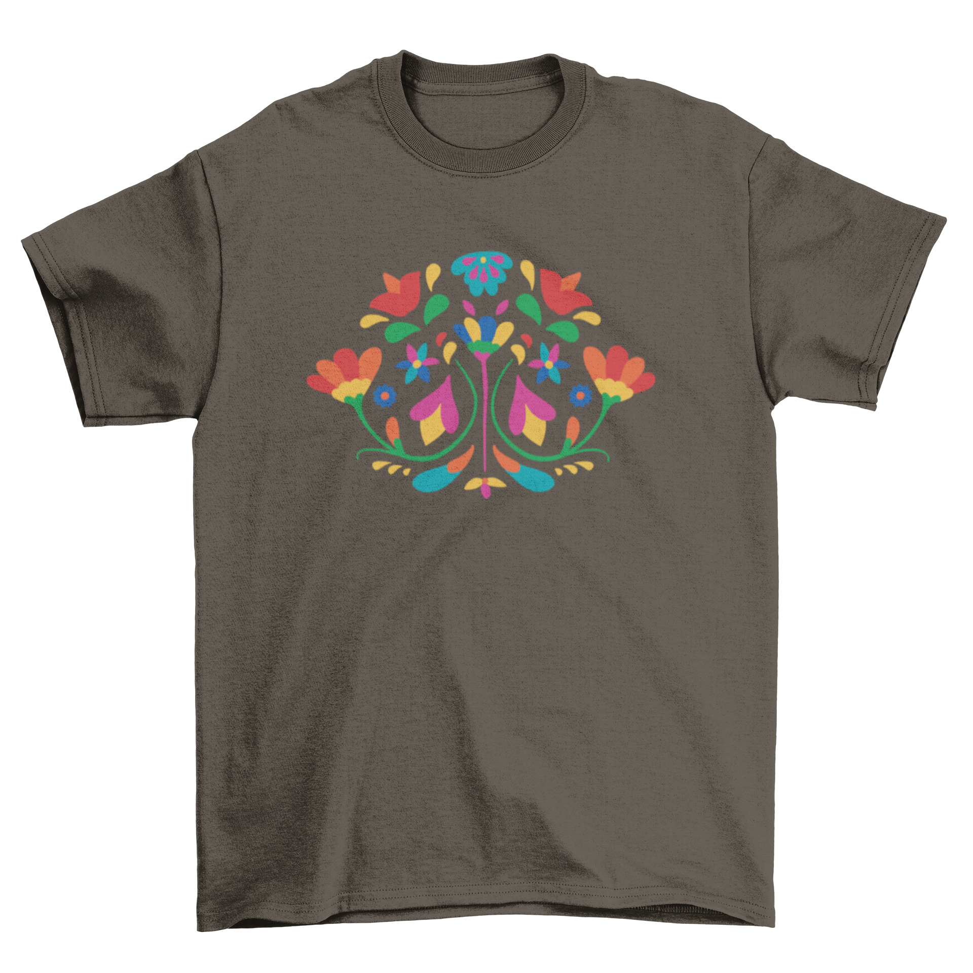 A vibrant Otomi flower decoration t-shirt featuring intricate floral designs inspired by traditional Mexican art.