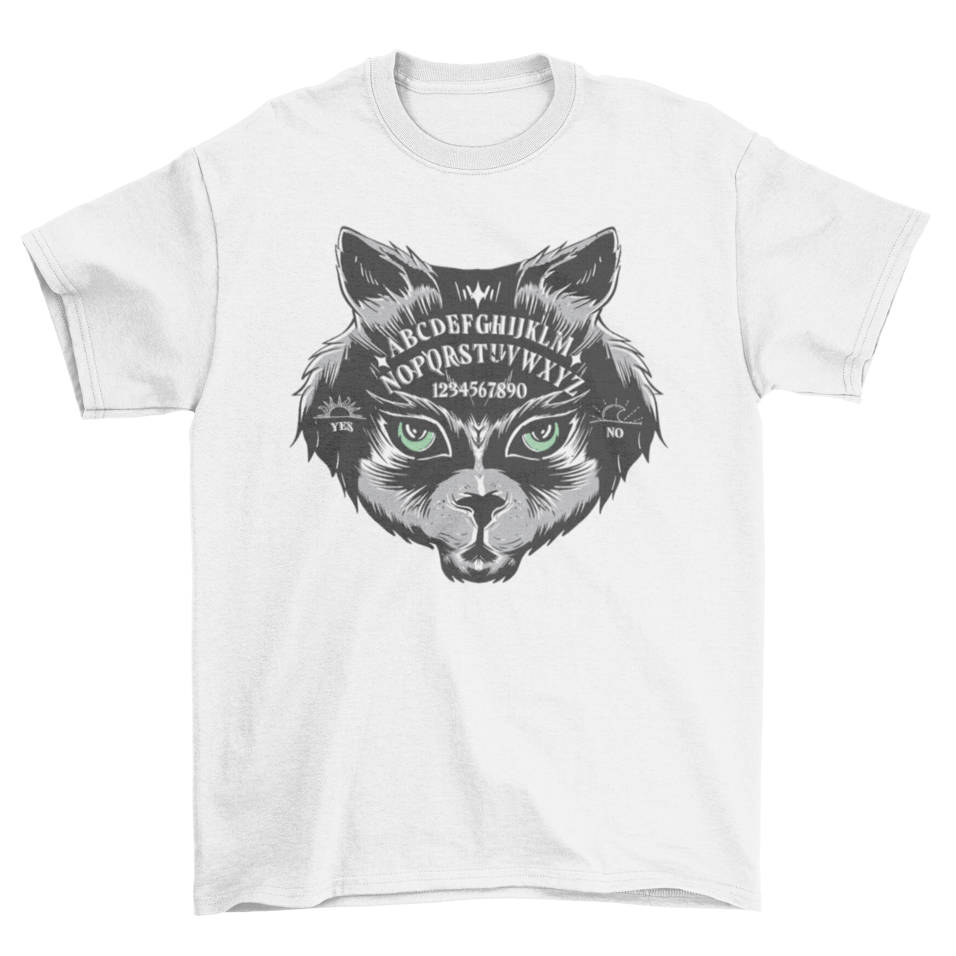 A stylish t-shirt featuring a cat's head design integrated with Ouija board elements, perfect for cat lovers.