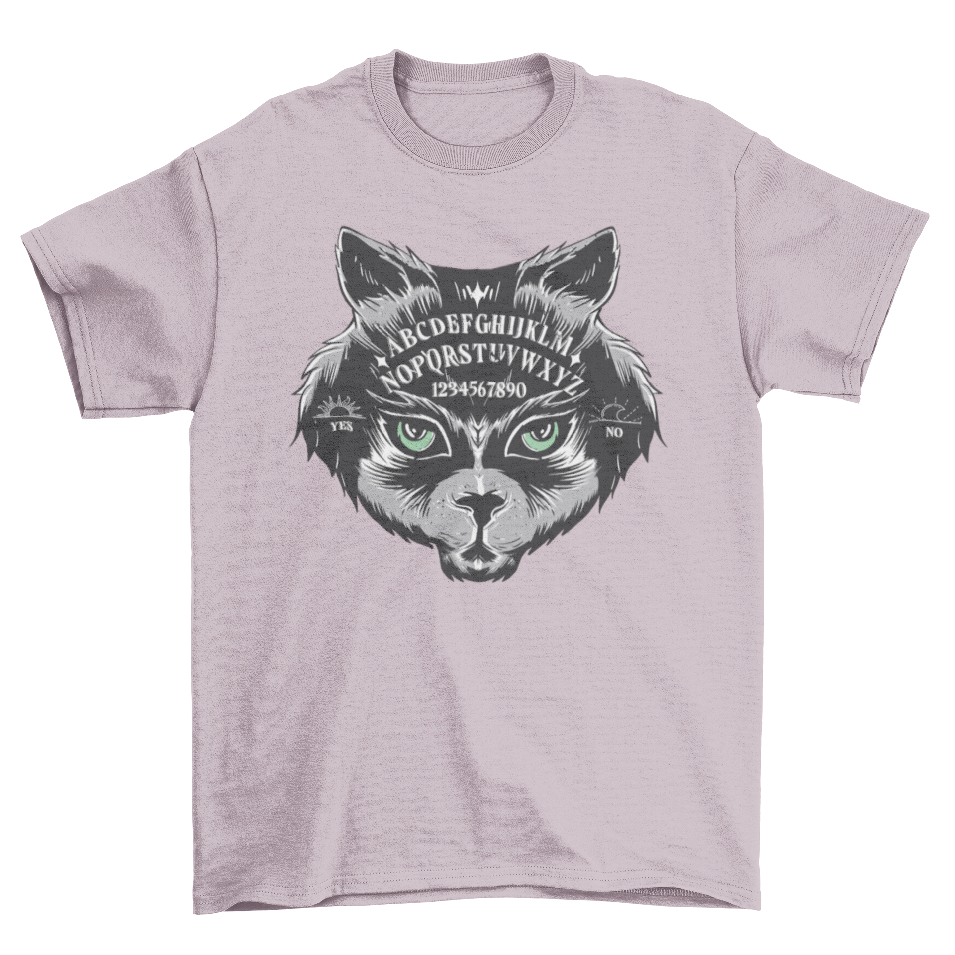 A stylish t-shirt featuring a cat's head design integrated with Ouija board elements, perfect for cat lovers.