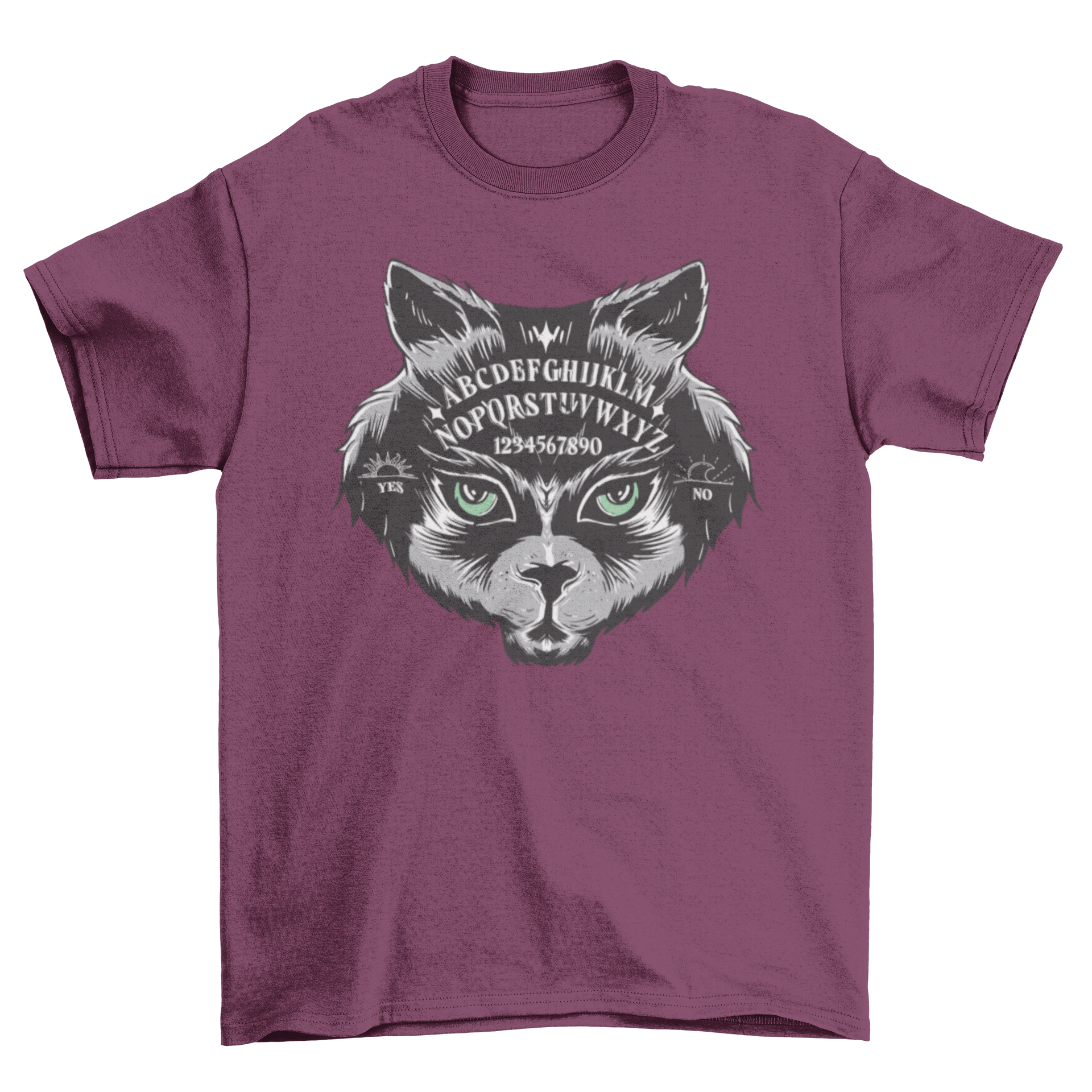 A stylish t-shirt featuring a cat's head design integrated with Ouija board elements, perfect for cat lovers.