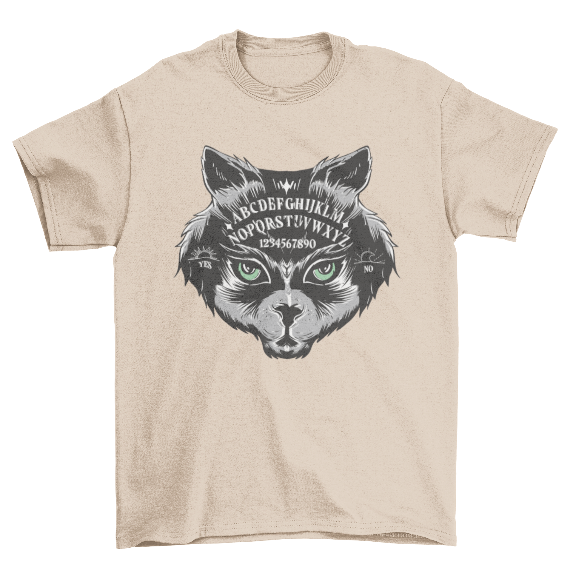 A stylish t-shirt featuring a cat's head design integrated with Ouija board elements, perfect for cat lovers.