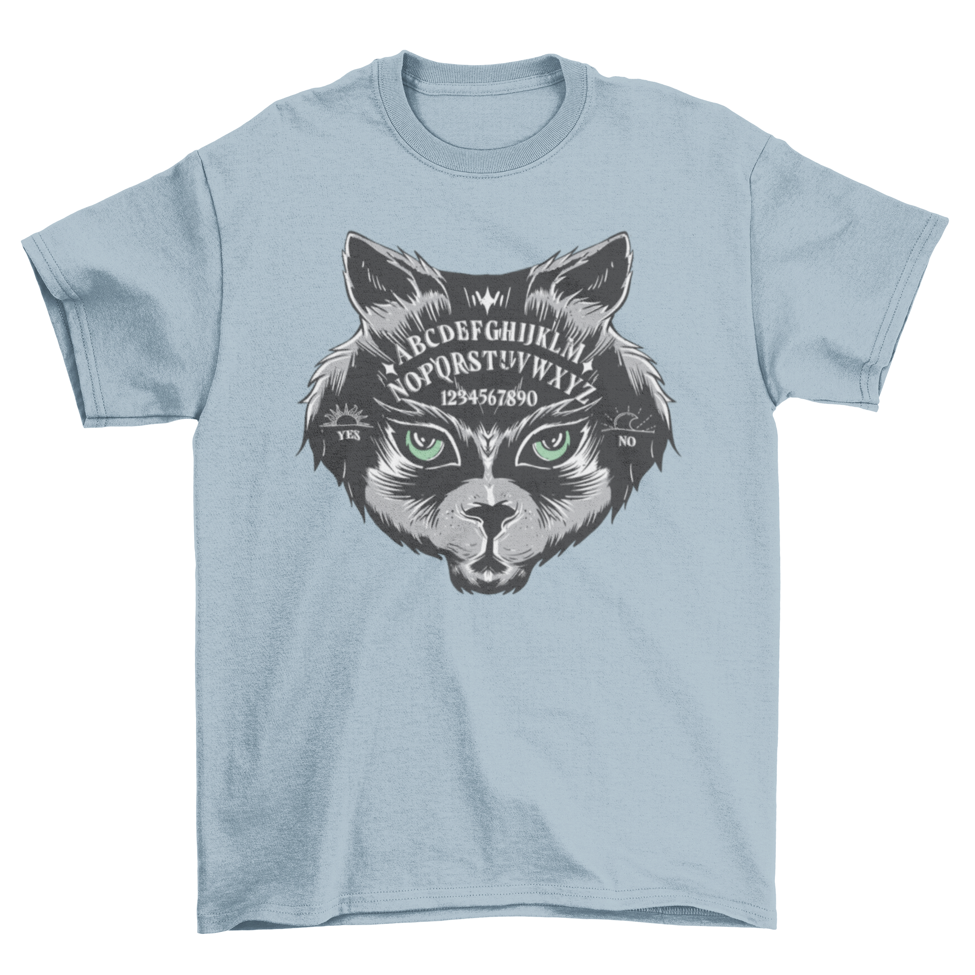 A stylish t-shirt featuring a cat's head design integrated with Ouija board elements, perfect for cat lovers.