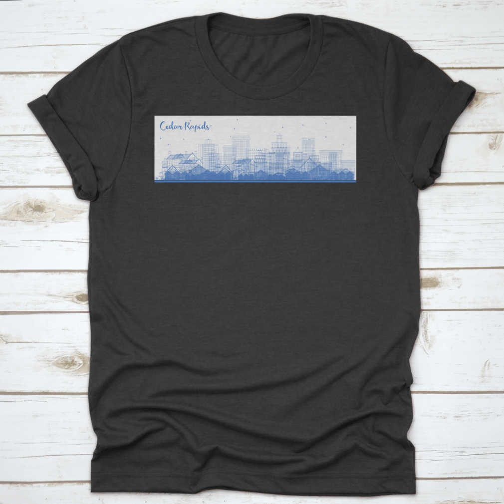 Stylish apparel featuring the Cedar Rapids Iowa skyline with blue buildings, ideal for business travel.