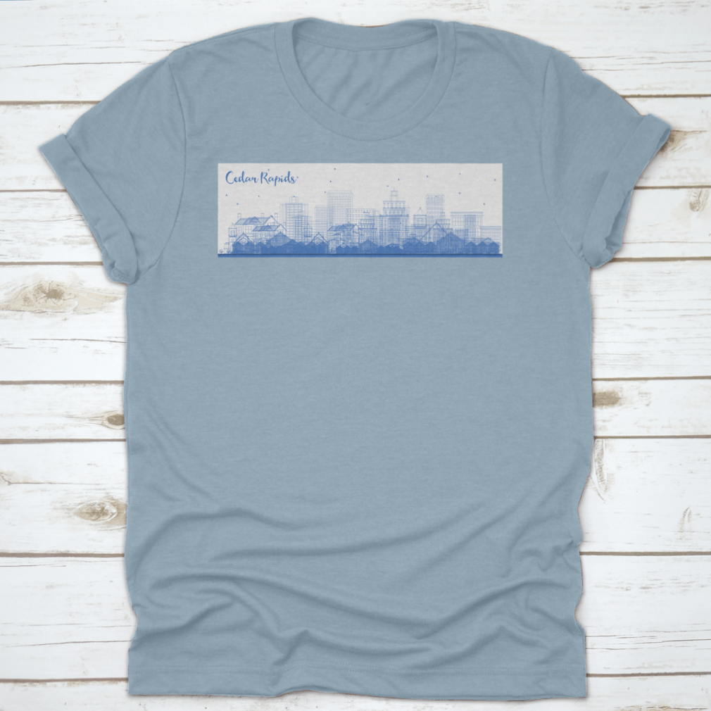 Stylish apparel featuring the Cedar Rapids Iowa skyline with blue buildings, ideal for business travel.