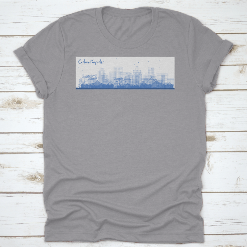 Stylish apparel featuring the Cedar Rapids Iowa skyline with blue buildings, ideal for business travel.