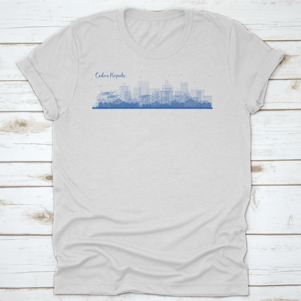 Stylish apparel featuring the Cedar Rapids Iowa skyline with blue buildings, ideal for business travel.