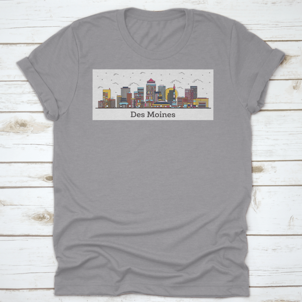 Outline of Des Moines Iowa city skyline featuring colorful buildings on a t-shirt.