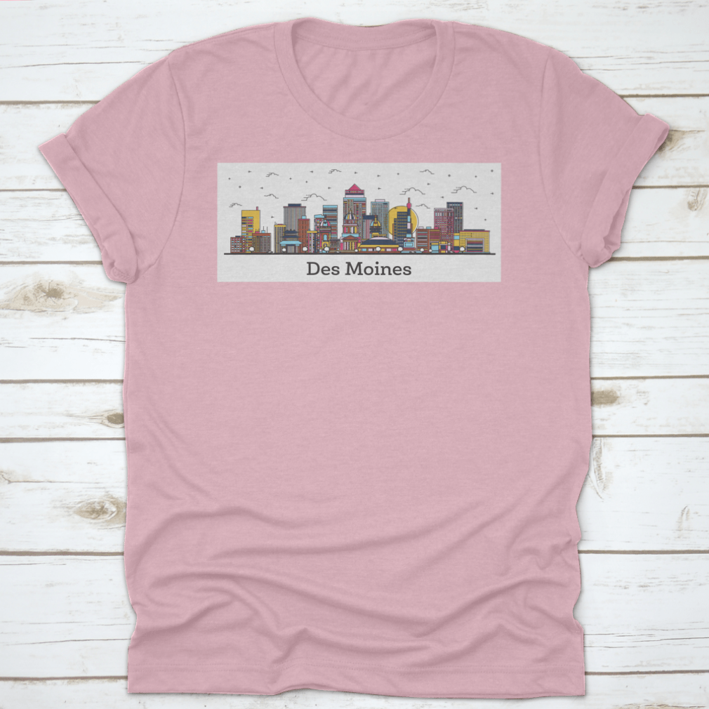 Outline of Des Moines Iowa city skyline featuring colorful buildings on a t-shirt.