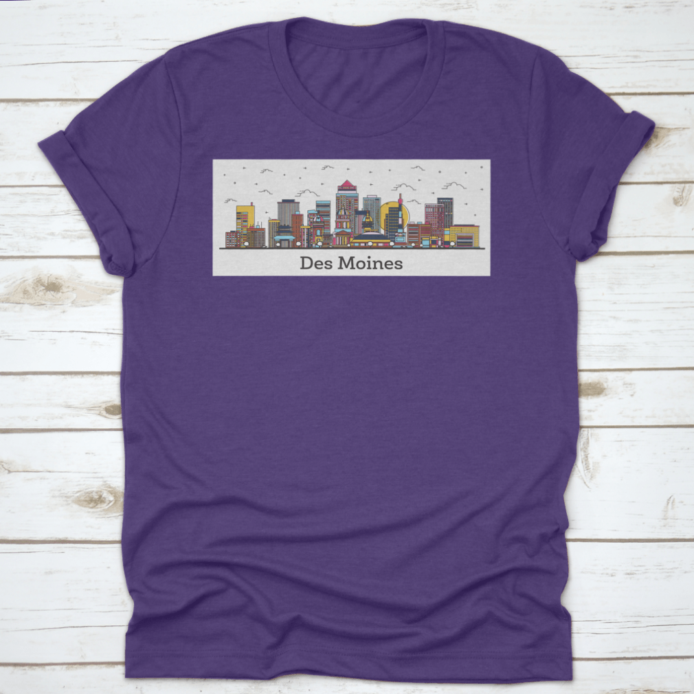 Outline of Des Moines Iowa city skyline featuring colorful buildings on a t-shirt.