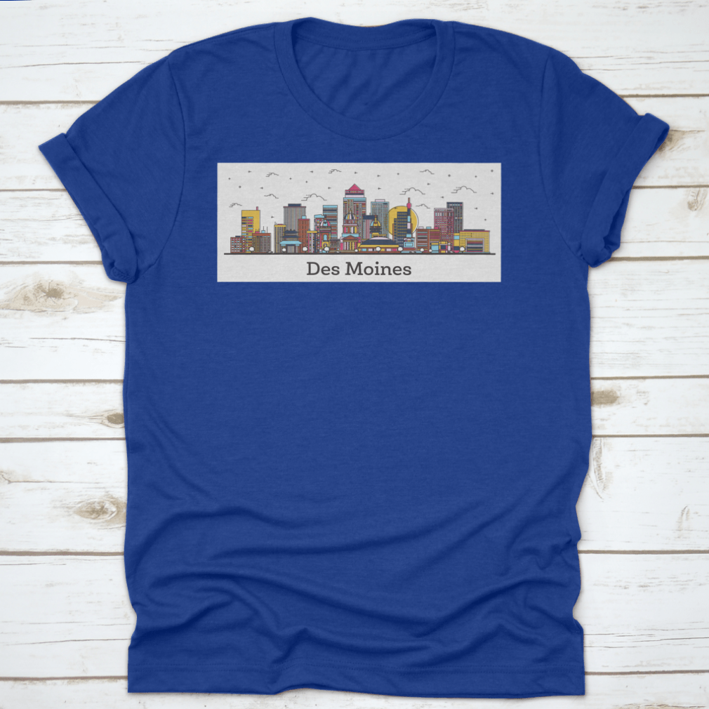 Outline of Des Moines Iowa city skyline featuring colorful buildings on a t-shirt.