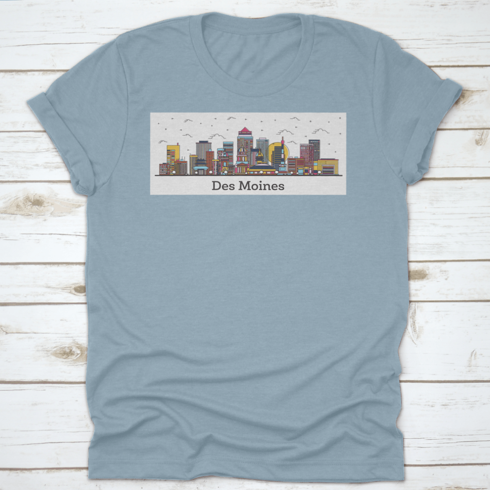 Outline of Des Moines Iowa city skyline featuring colorful buildings on a t-shirt.