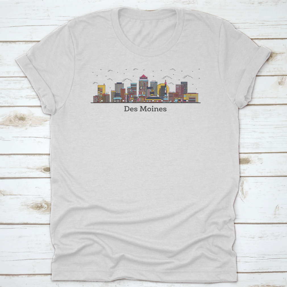 Outline of Des Moines Iowa city skyline featuring colorful buildings on a t-shirt.