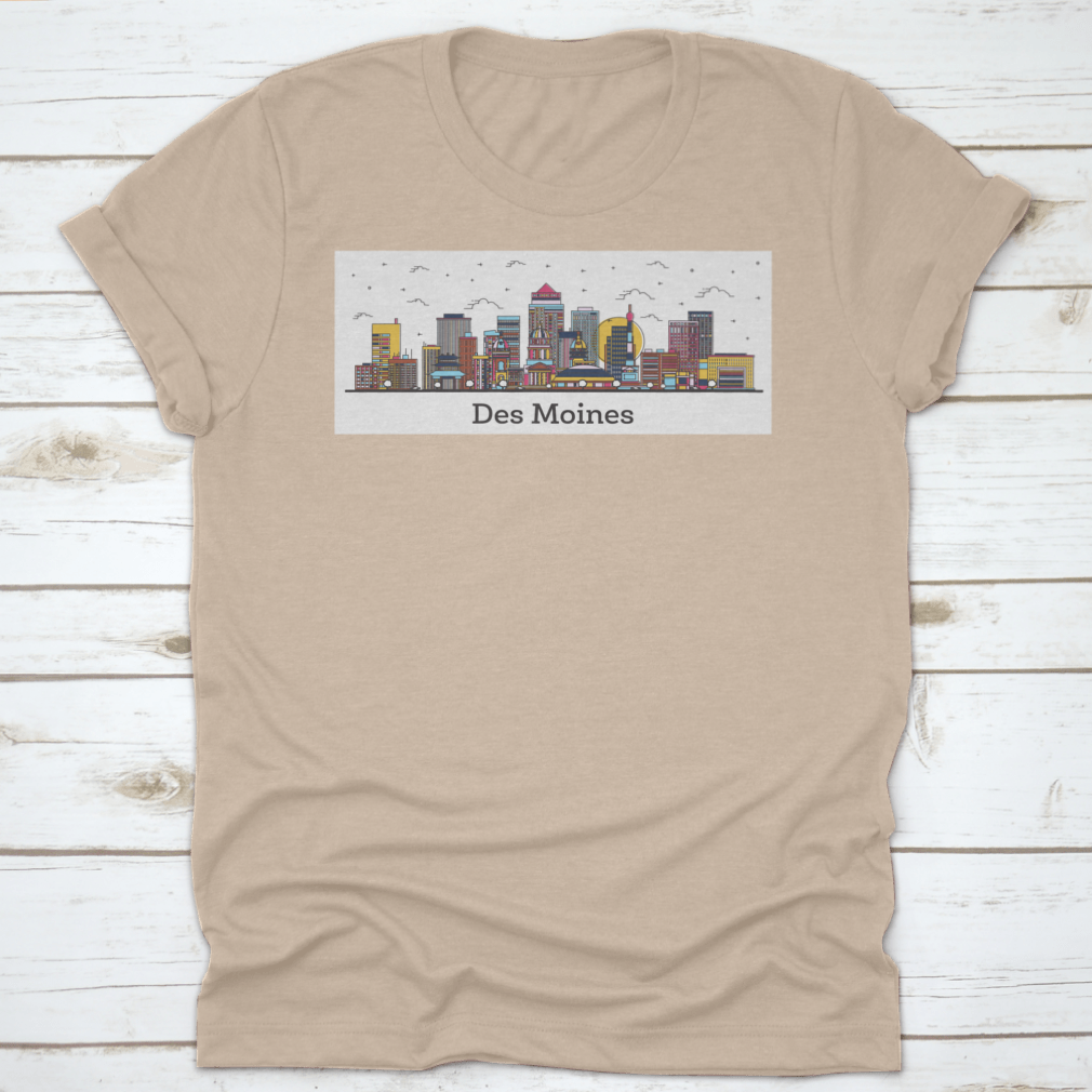 Outline of Des Moines Iowa city skyline featuring colorful buildings on a t-shirt.