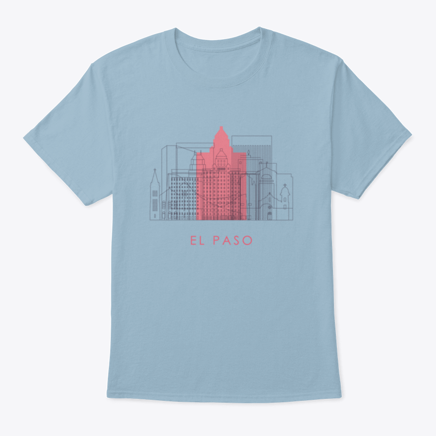 Outline El Paso Skyline Design Shirt featuring landmarks, made from 100% cotton, showcasing a stylish and comfortable fit.