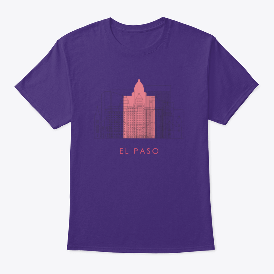 Outline El Paso Skyline Design Shirt featuring landmarks, made from 100% cotton, showcasing a stylish and comfortable fit.