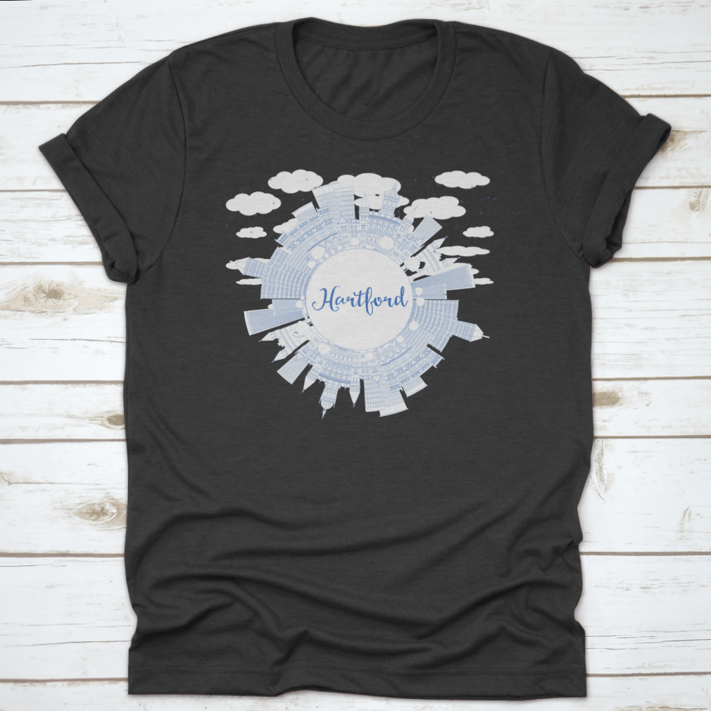 Outline Hartford Skyline t-shirt featuring blue buildings design, made from 100% cotton, ideal for business travel.