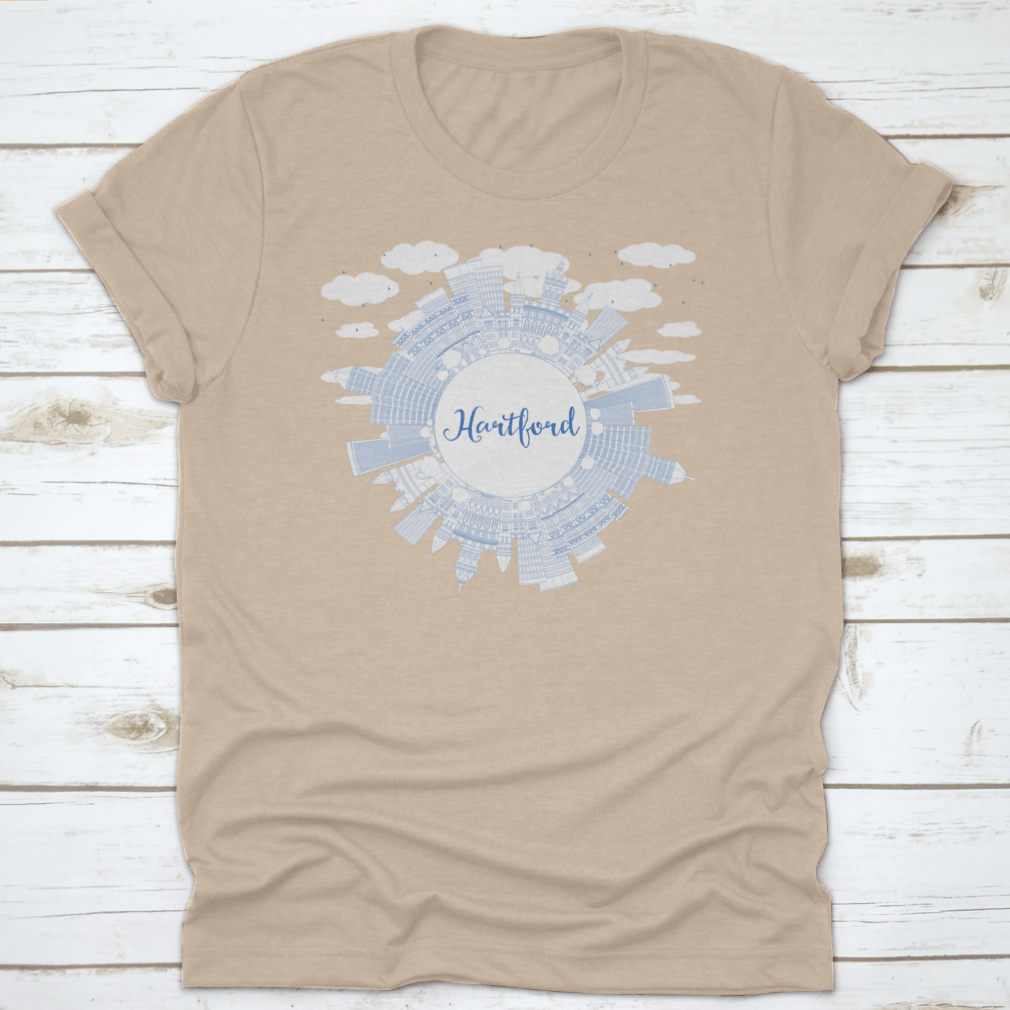 Outline Hartford Skyline t-shirt featuring blue buildings design, made from 100% cotton, ideal for business travel.