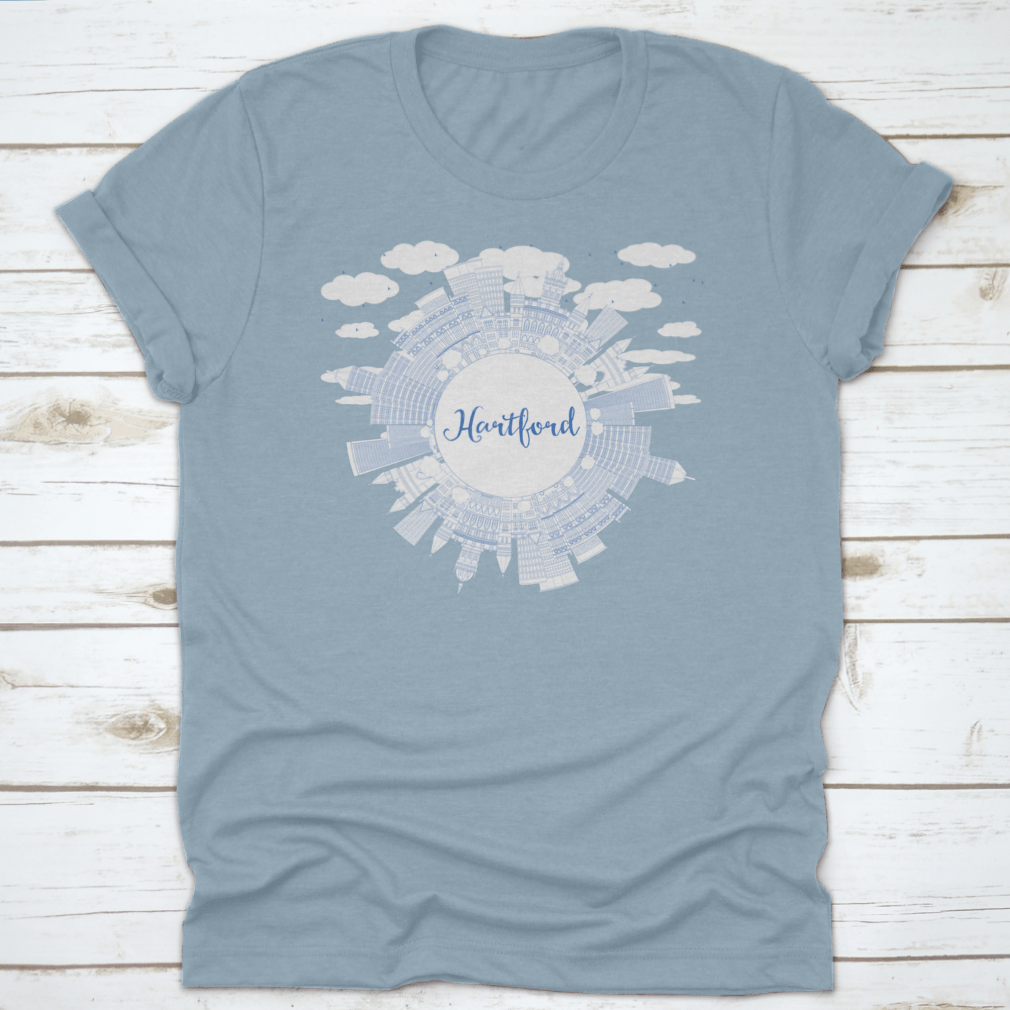 Outline Hartford Skyline t-shirt featuring blue buildings design, made from 100% cotton, ideal for business travel.