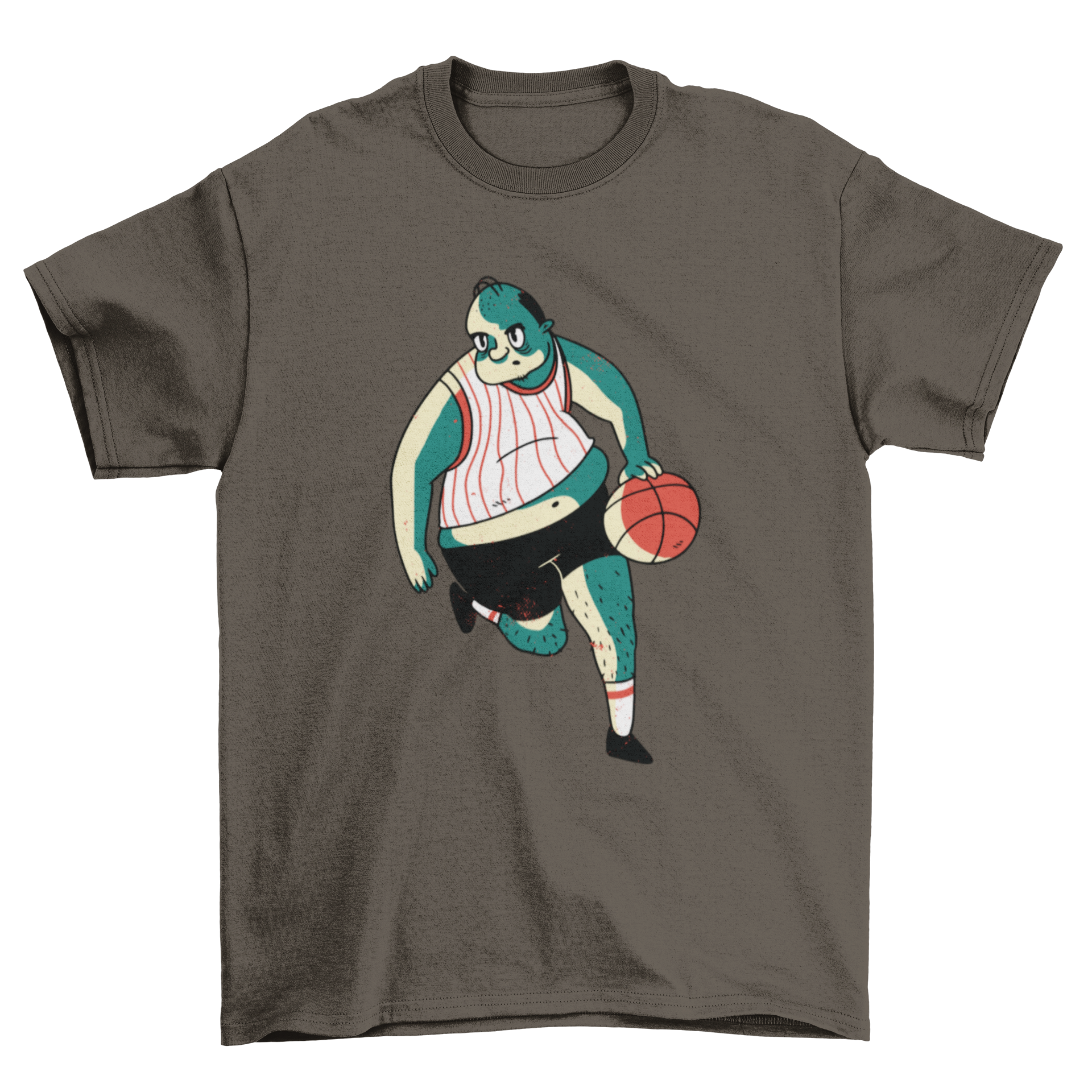 A vibrant cartoon illustration of an overweight basketball player on a stylish t-shirt.