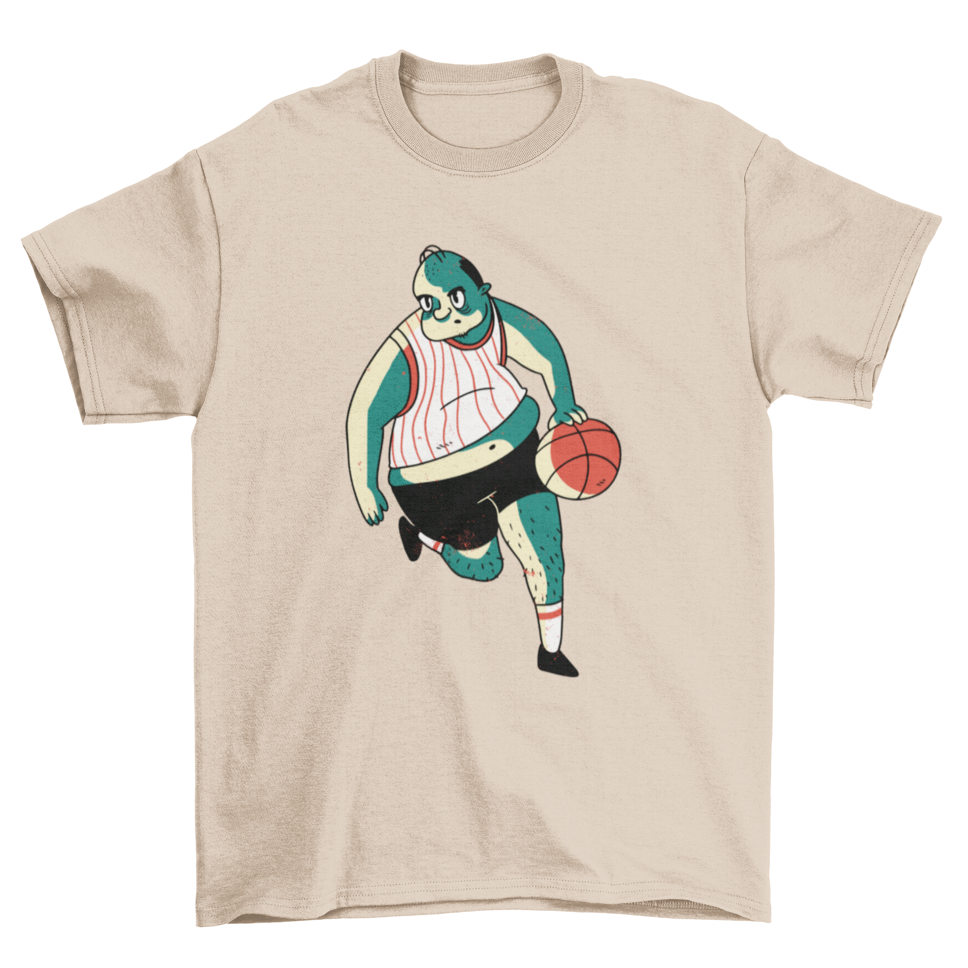 A vibrant cartoon illustration of an overweight basketball player on a stylish t-shirt.