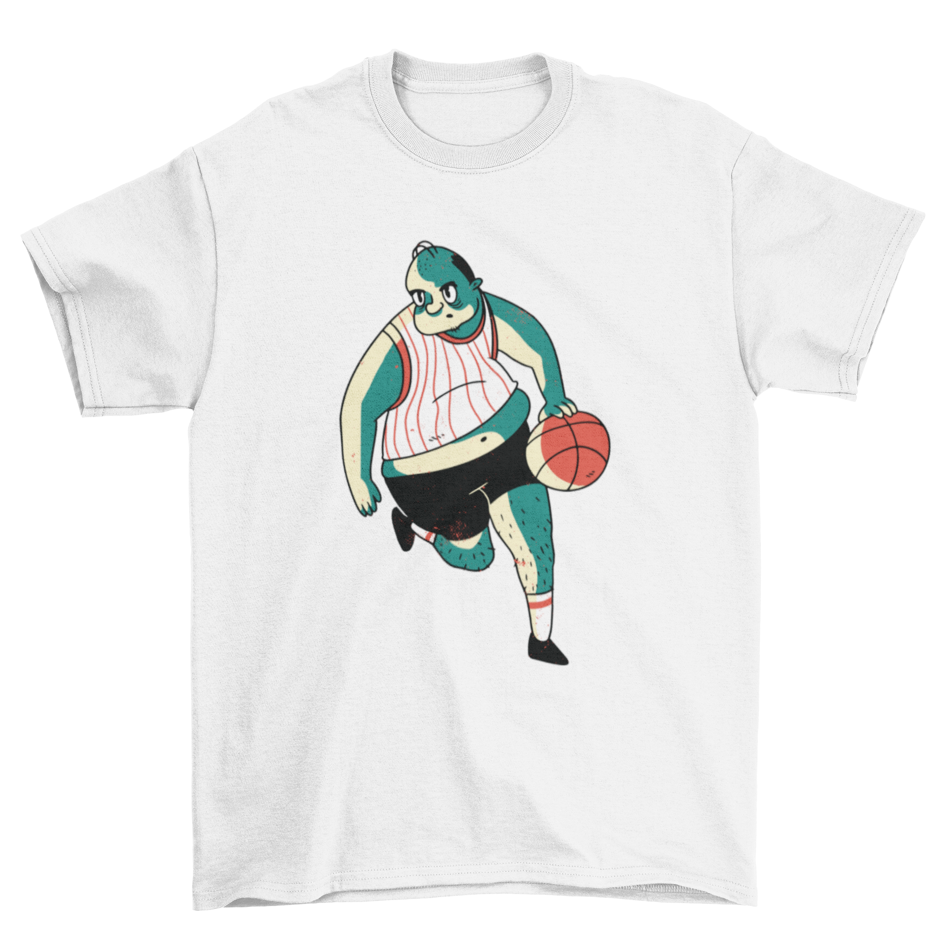 A vibrant cartoon illustration of an overweight basketball player on a stylish t-shirt.