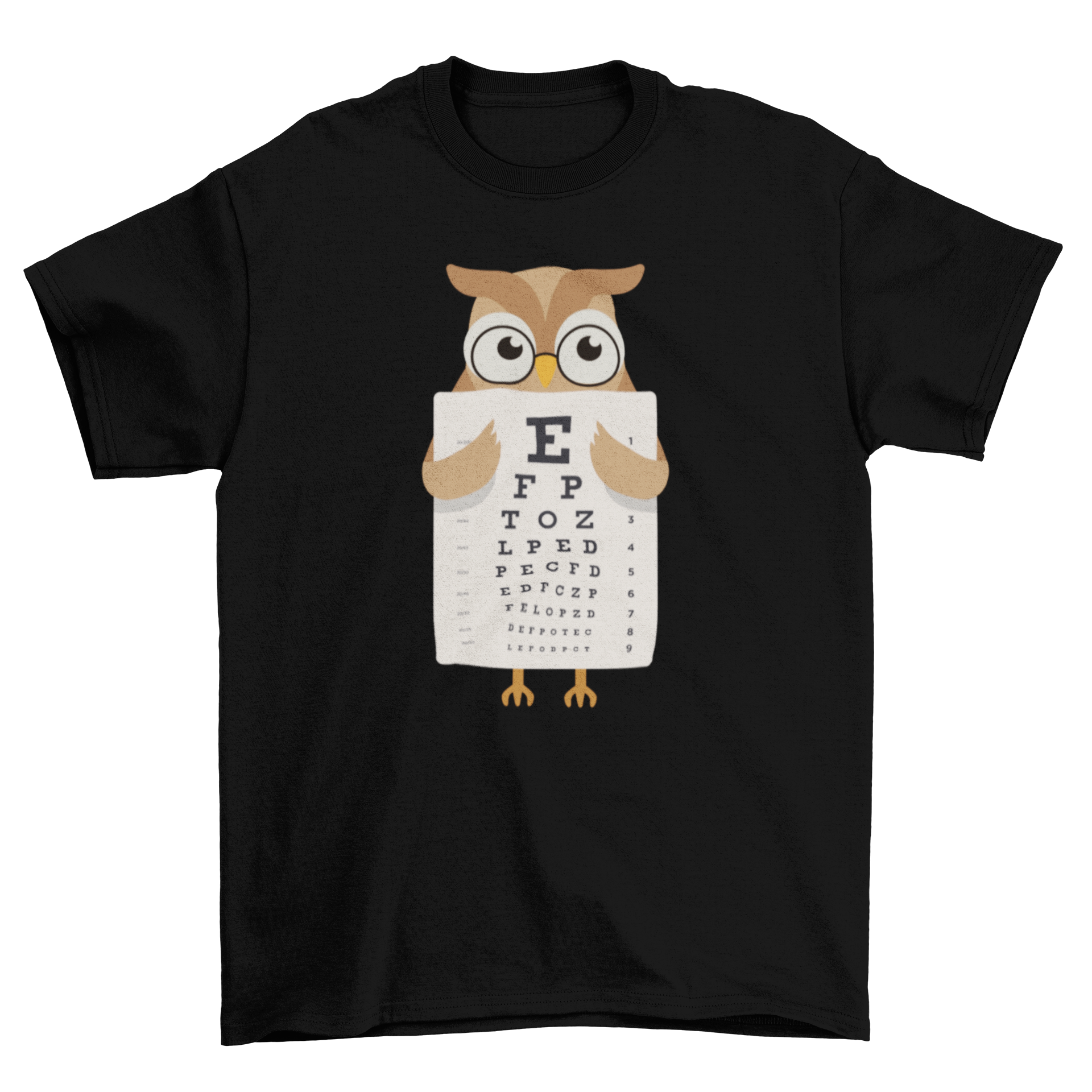 Owl eye chart t-shirt featuring an owl in glasses holding an eye chart, showcasing a whimsical and stylish design.