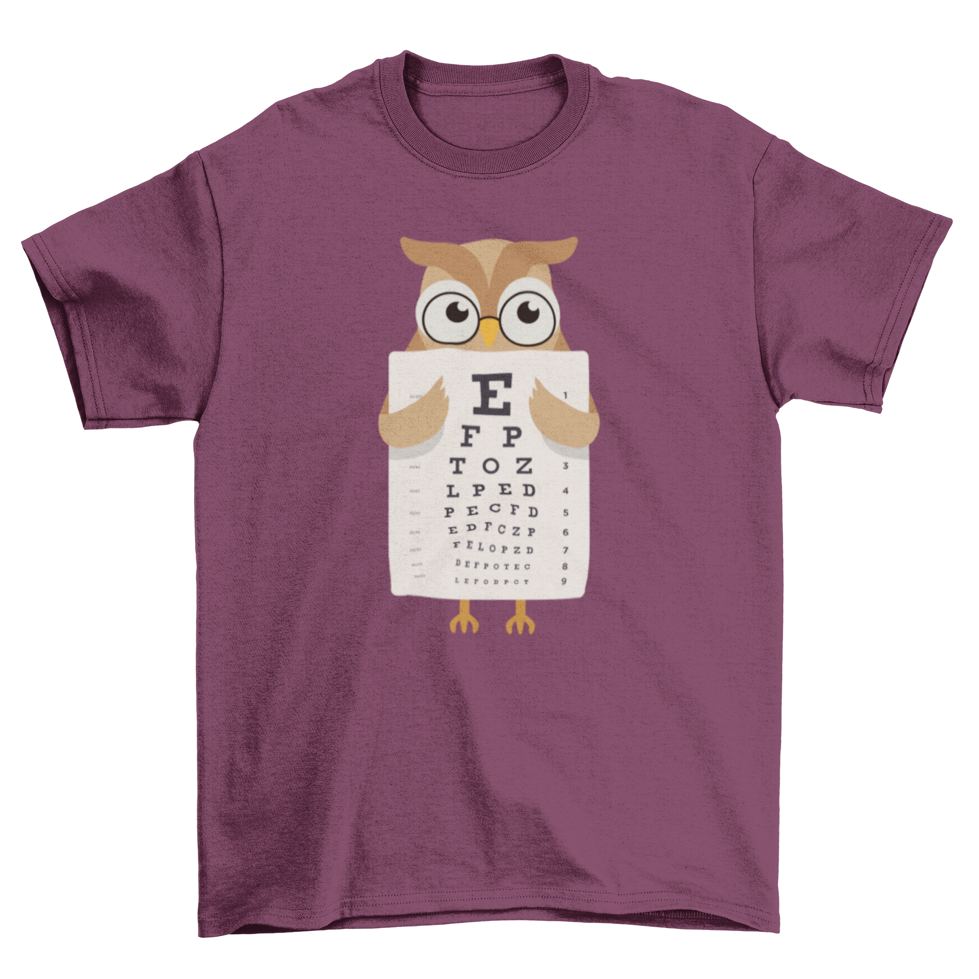 Owl eye chart t-shirt featuring an owl in glasses holding an eye chart, showcasing a whimsical and stylish design.