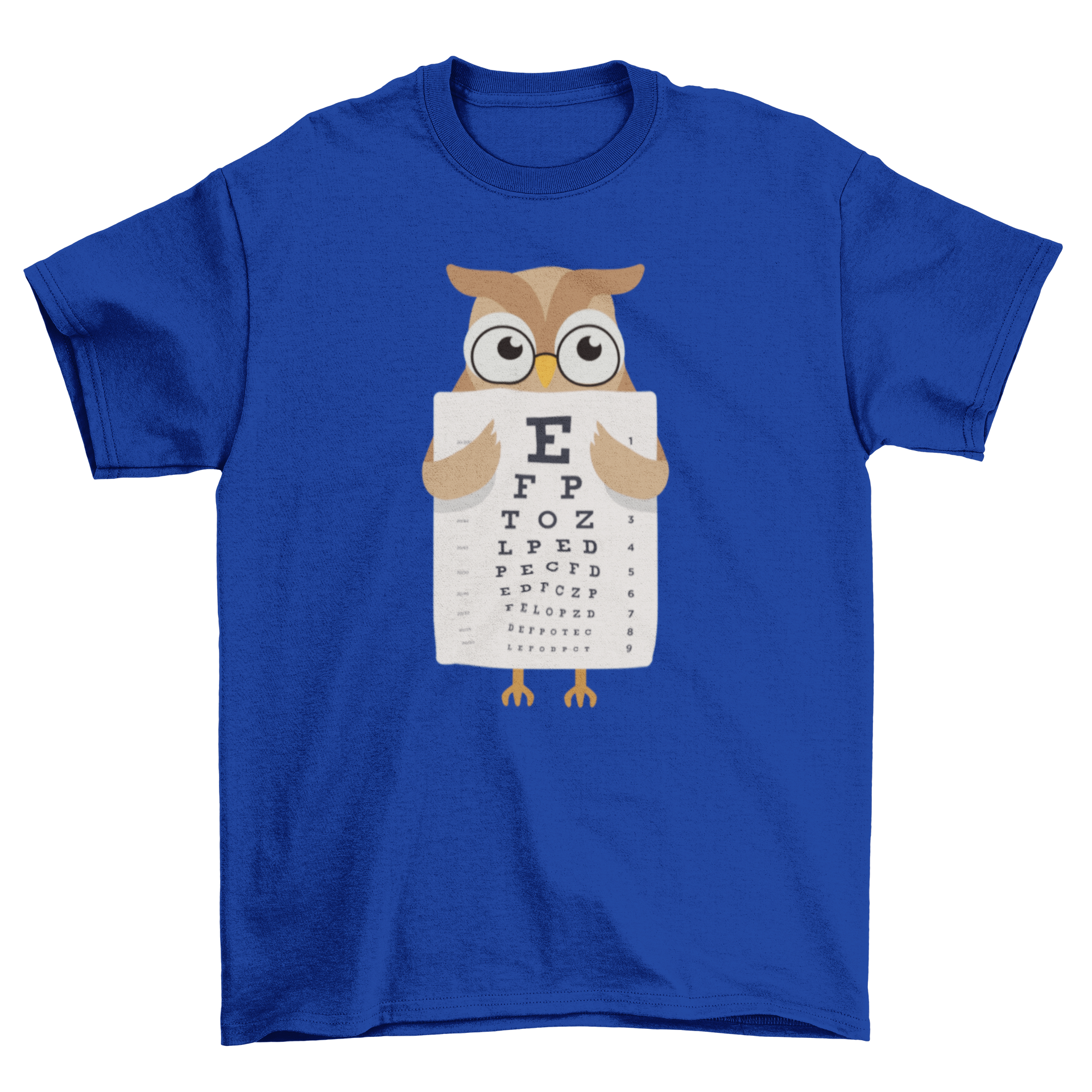 Owl eye chart t-shirt featuring an owl in glasses holding an eye chart, showcasing a whimsical and stylish design.