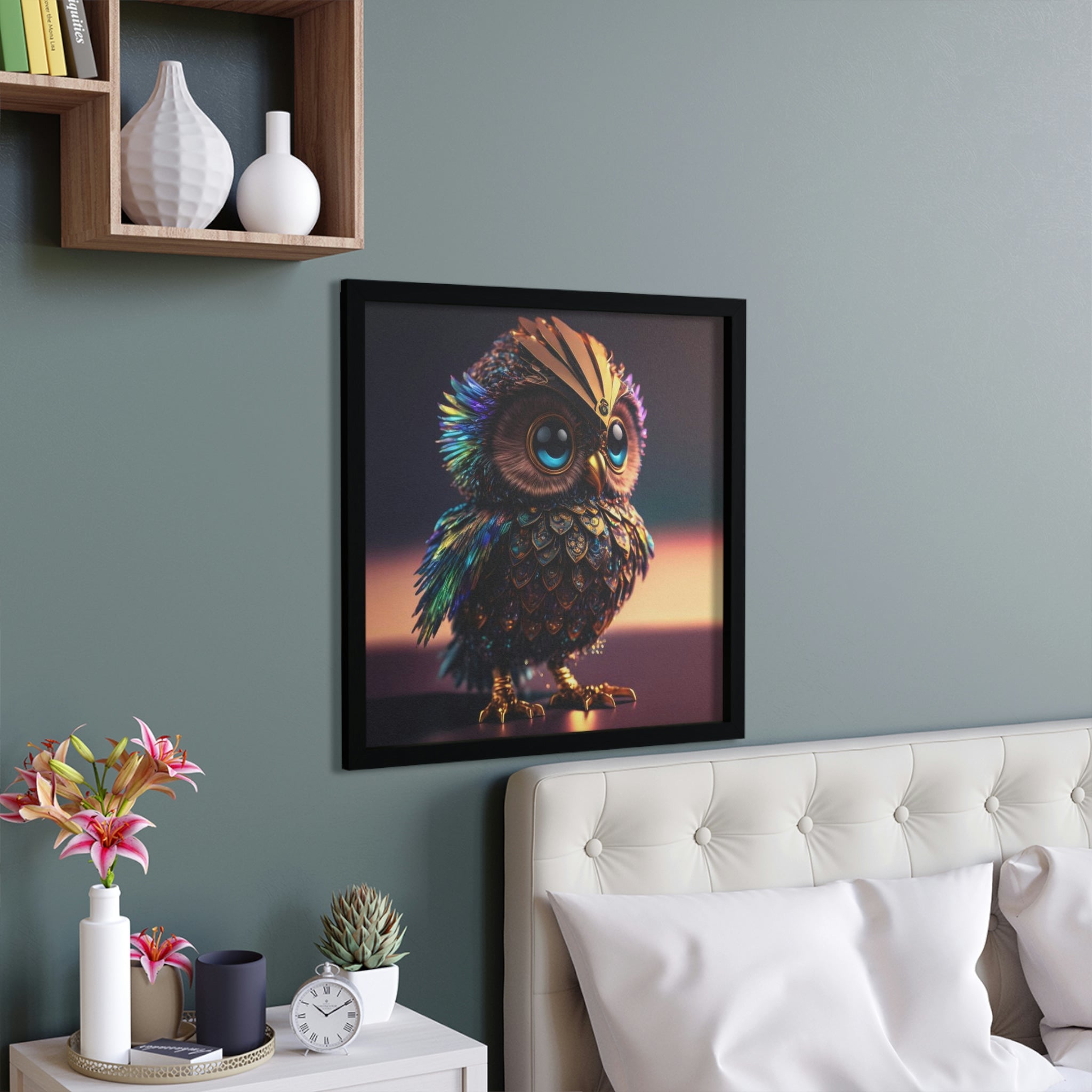 A beautifully framed owl poster with a hand-crafted wooden frame, showcasing vibrant colors and intricate details.