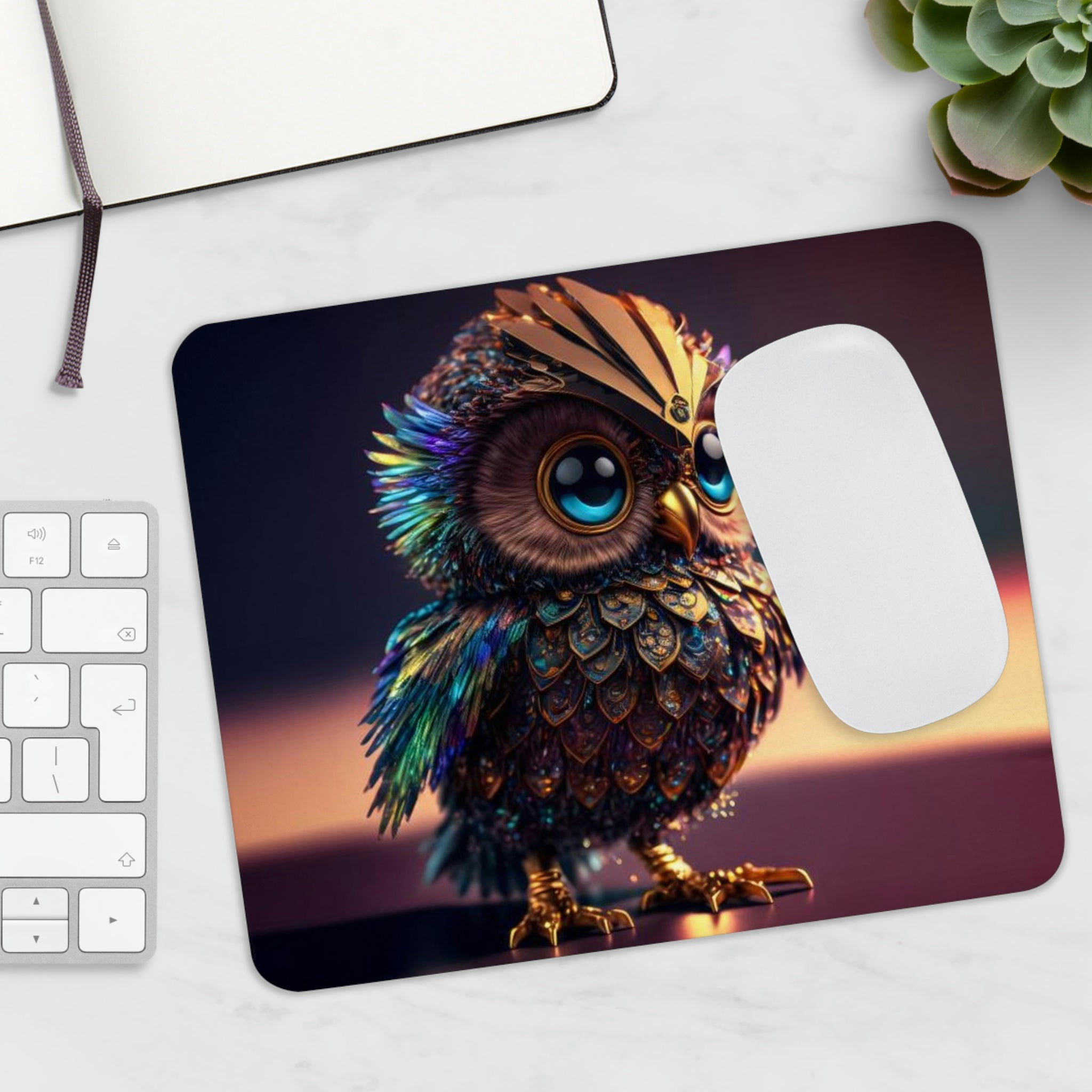 Owl Mouse Pad featuring a vibrant owl design on a smooth surface, ideal for home or office use.