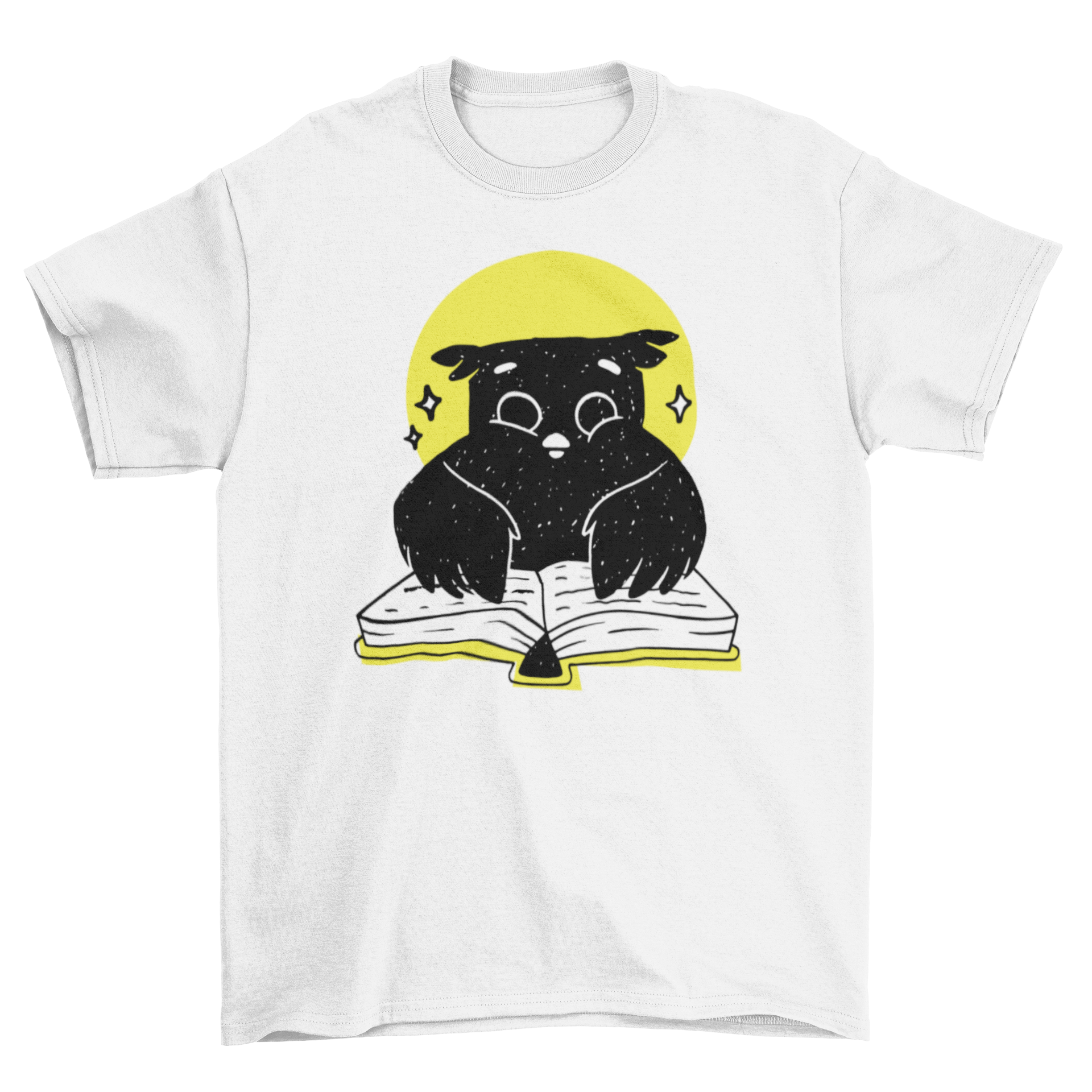 A cute t-shirt featuring an owl reading a book, showcasing vibrant colors and intricate design.