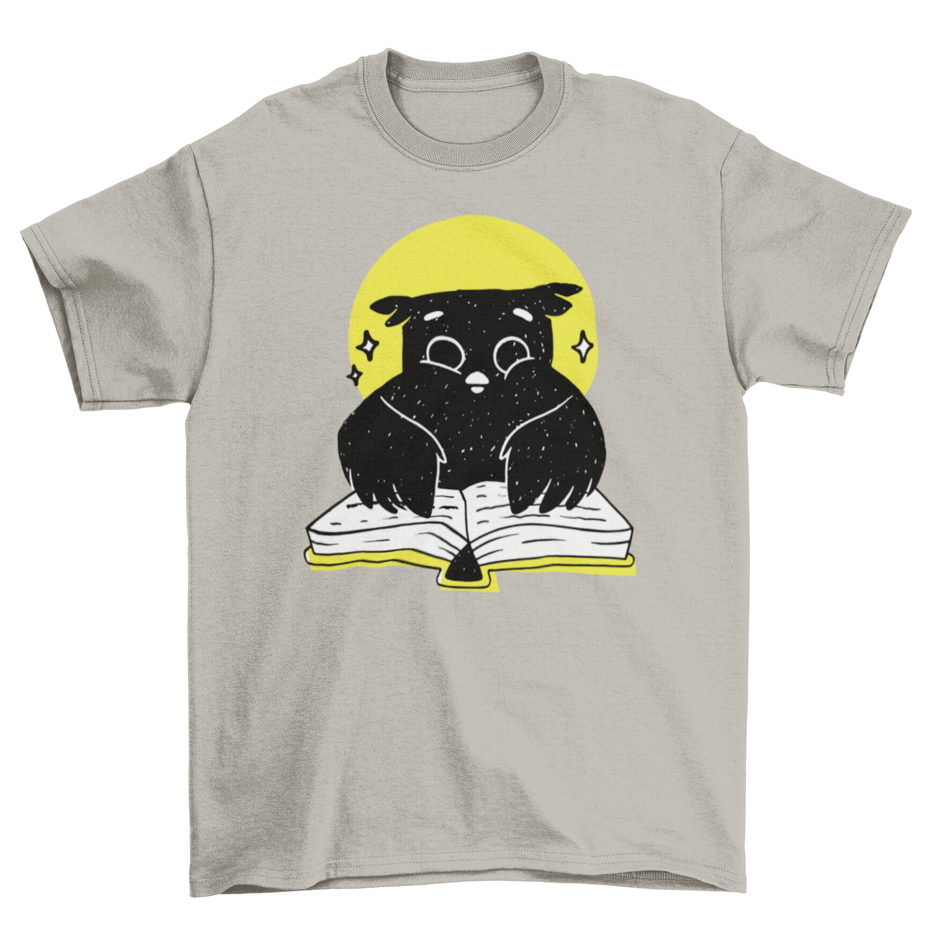 A cute t-shirt featuring an owl reading a book, showcasing vibrant colors and intricate design.