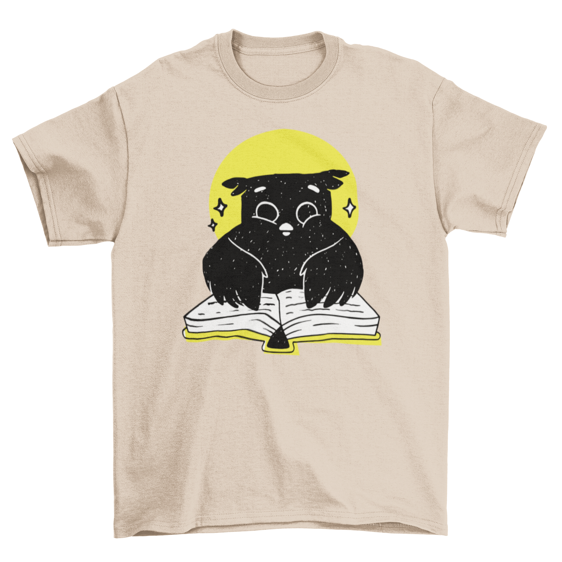 A cute t-shirt featuring an owl reading a book, showcasing vibrant colors and intricate design.