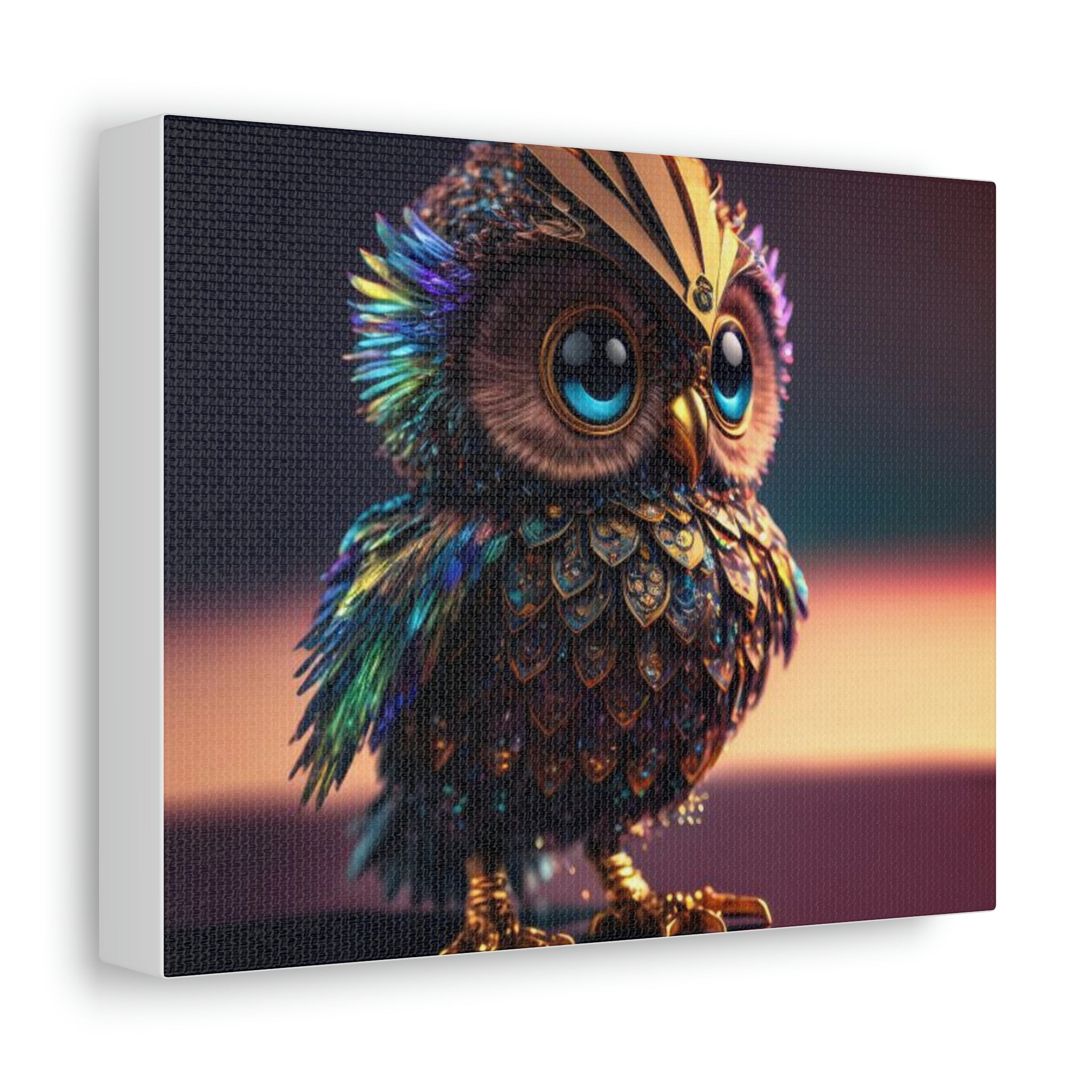 A beautifully printed Owl Stretched Canvas art piece, showcasing vibrant colors and intricate details, mounted on a sturdy wooden frame.