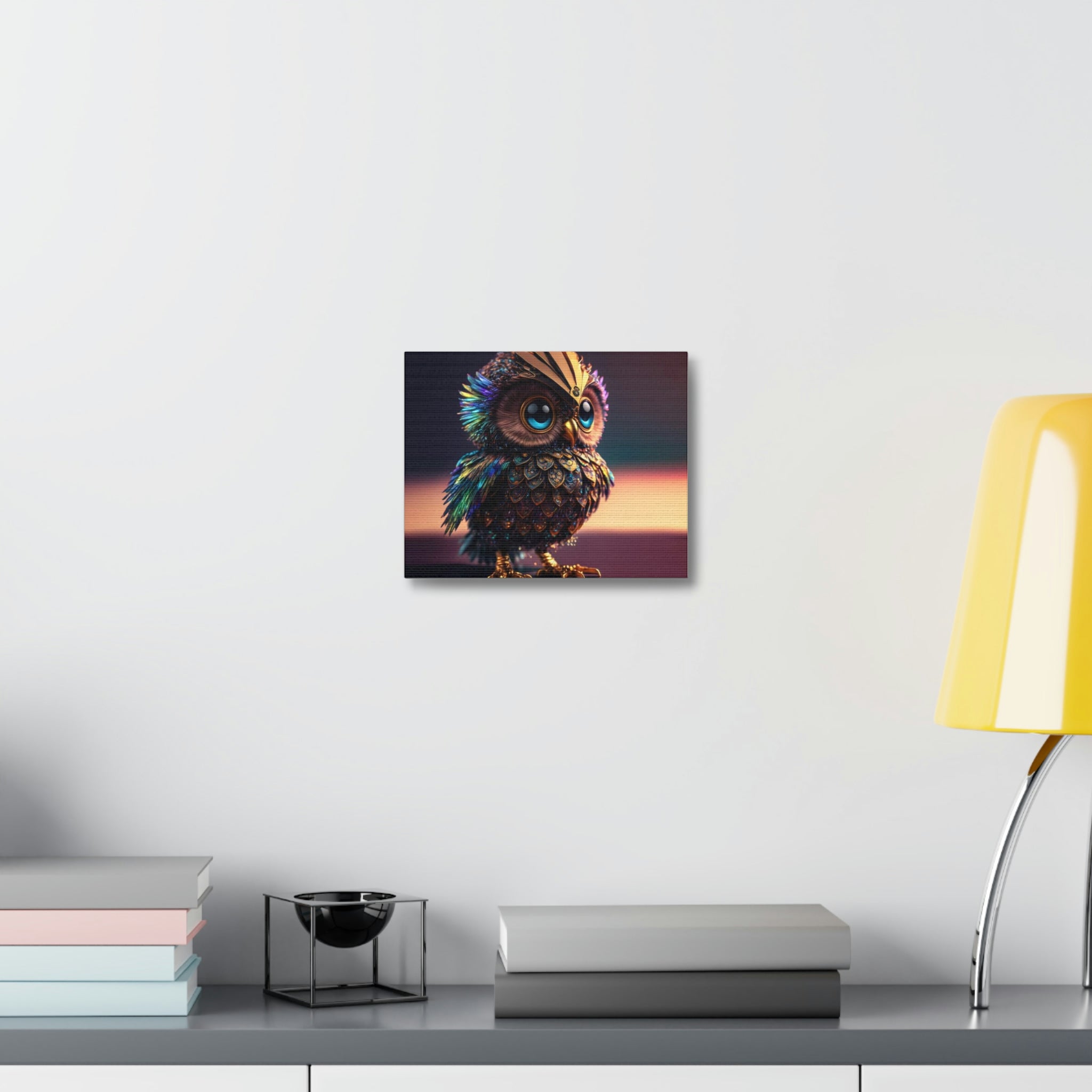 A beautifully printed Owl Stretched Canvas art piece, showcasing vibrant colors and intricate details, mounted on a sturdy wooden frame.