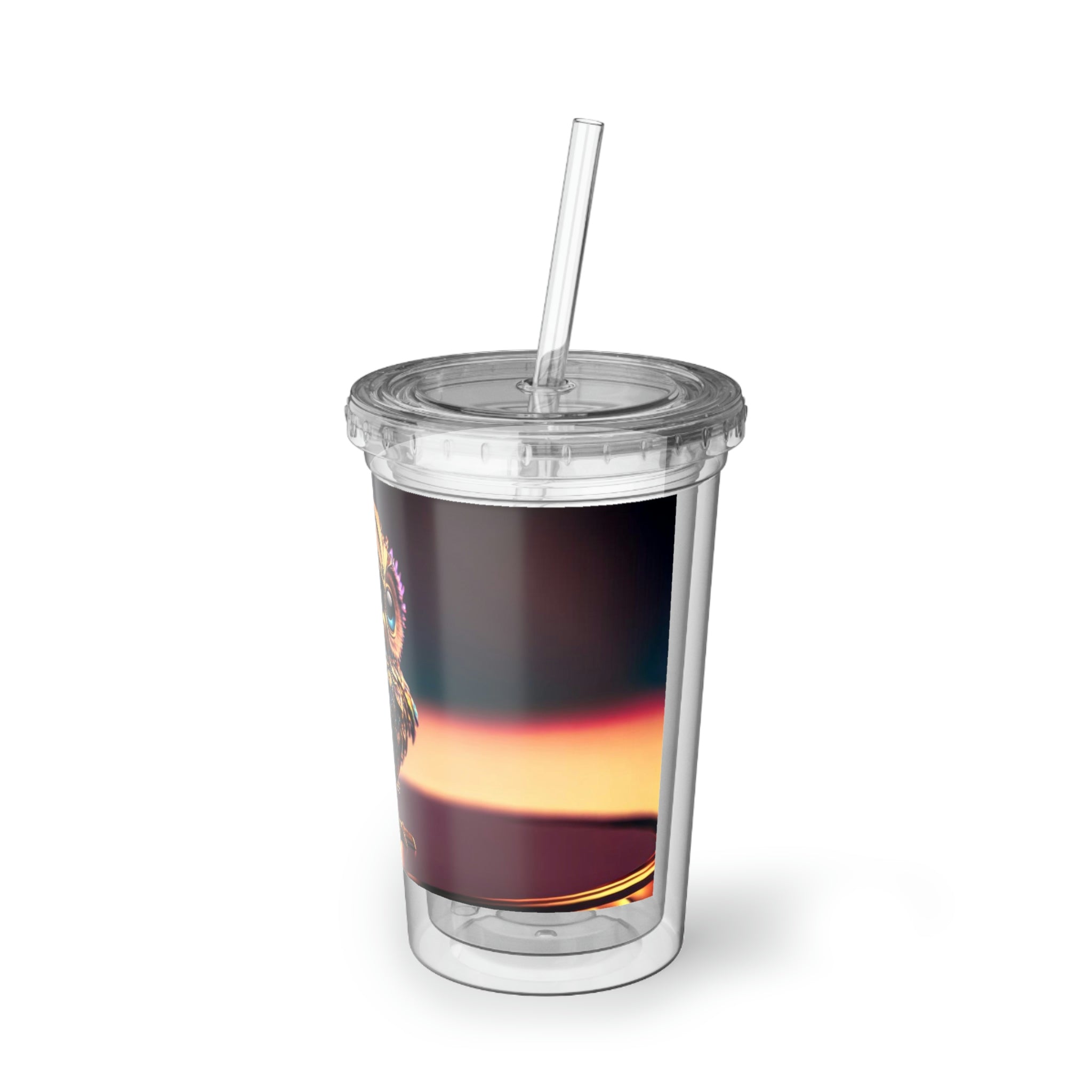 Owl Suave Acrylic Cup with a stylish design, featuring a stainless steel body and a black plastic straw.